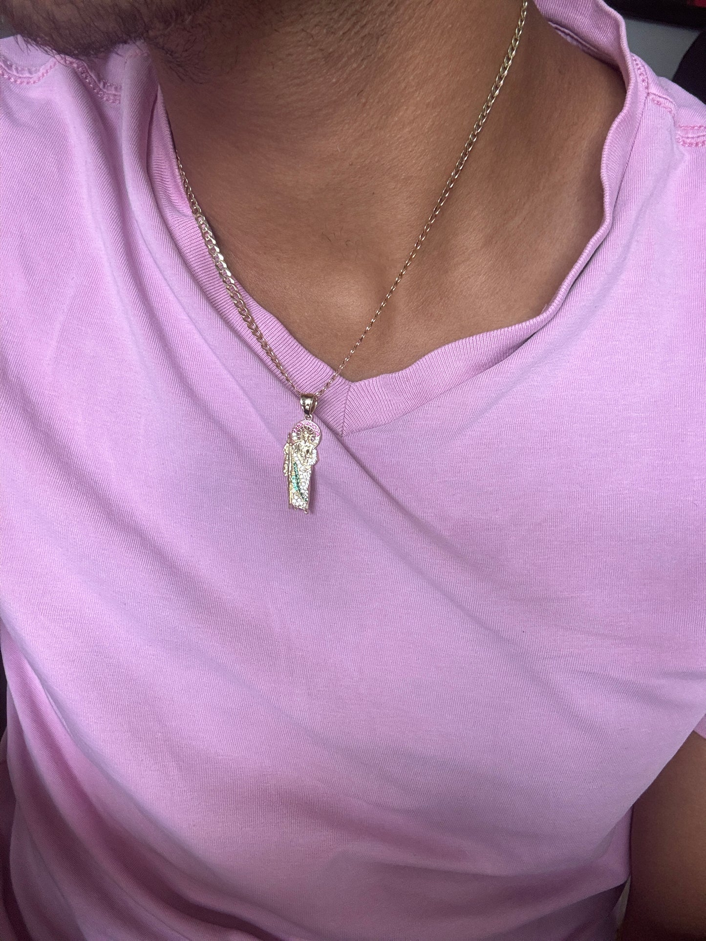 14K Gold Curb Link Chain with Saint Jude Pendant-For Men