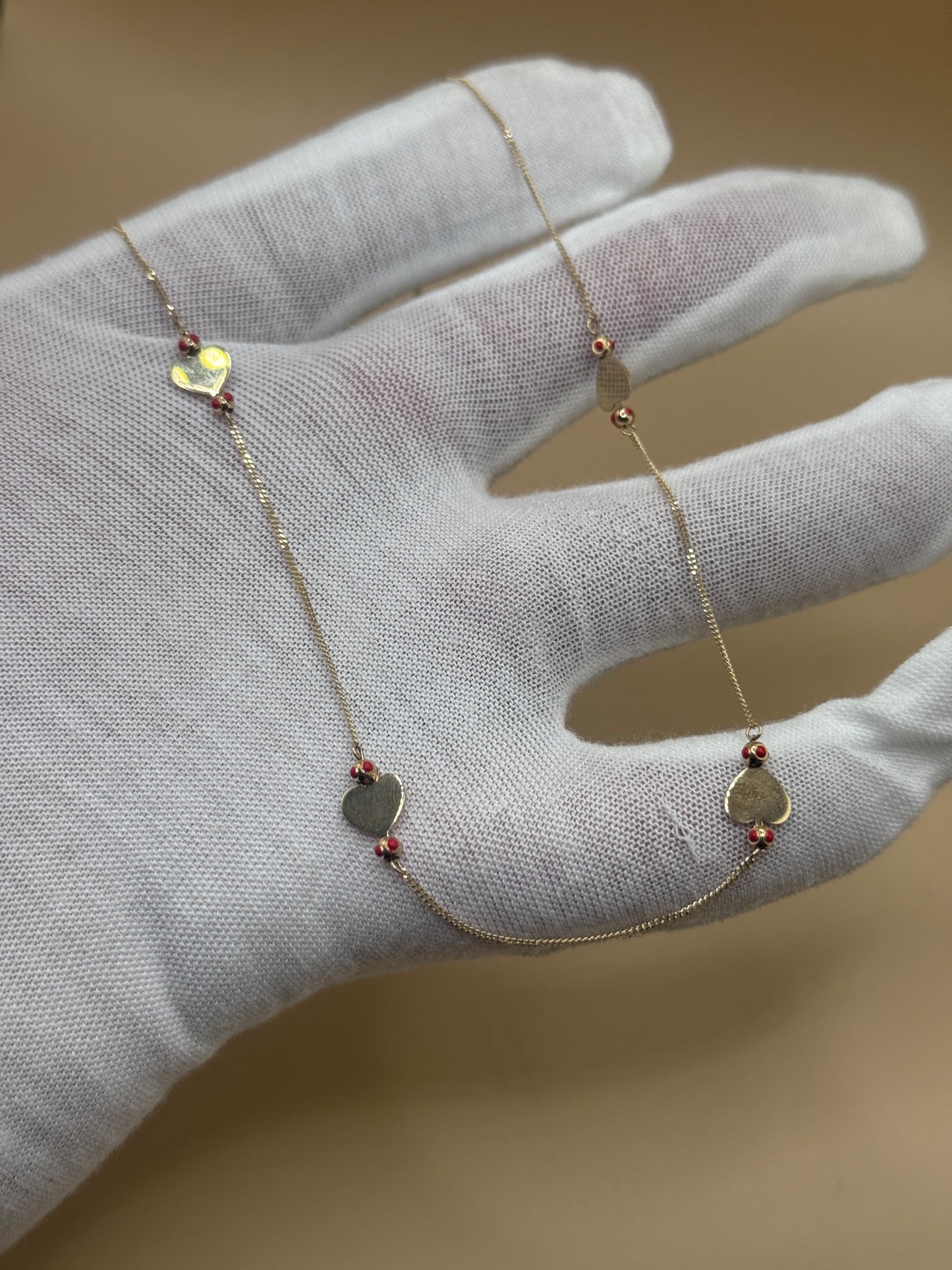 14K Gold Heart Charm Jewelry Set – Adjustable 17” Necklace & 7” Bracelet with Red Accents, Gift for Her