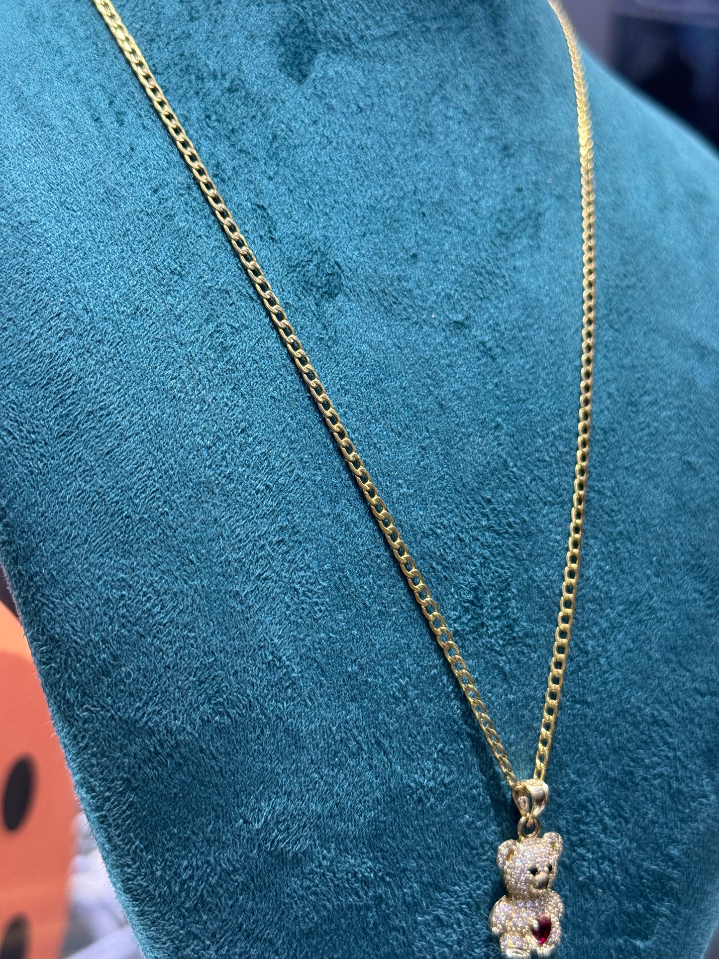 14K Gold Curbed Link Chain 20”inch long 2.4mm with teddy bear pendant necklace for women