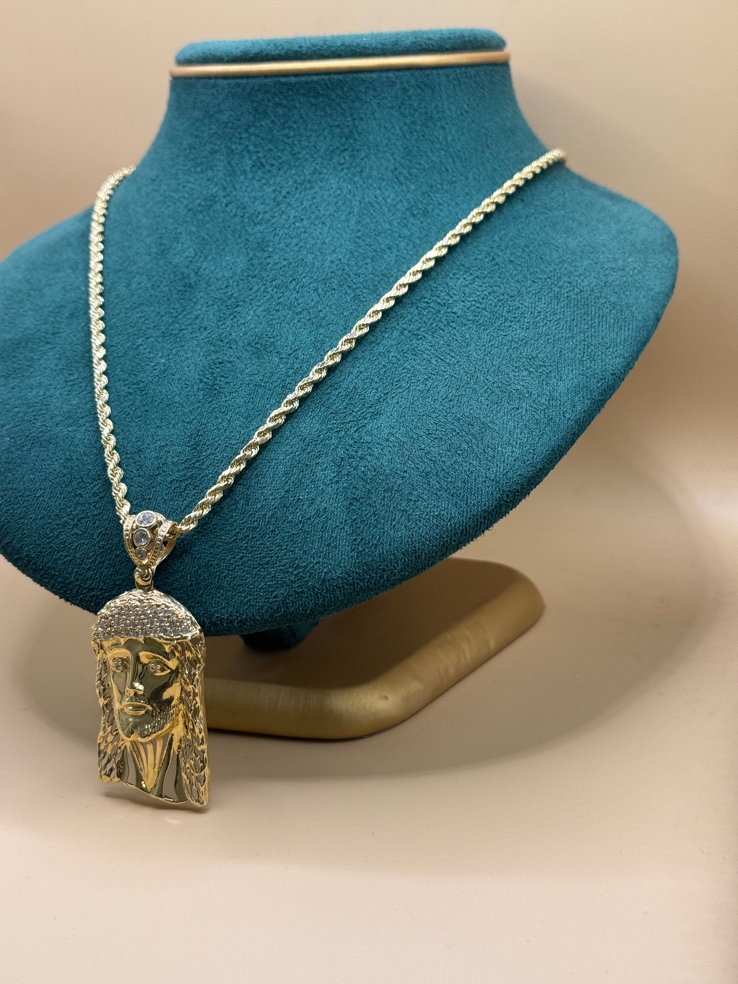 14K Gold Rope Chain 22” with Jesus Face Pendant – Real Gold Necklace 13–16g, Religious Jewelry for Men & Women