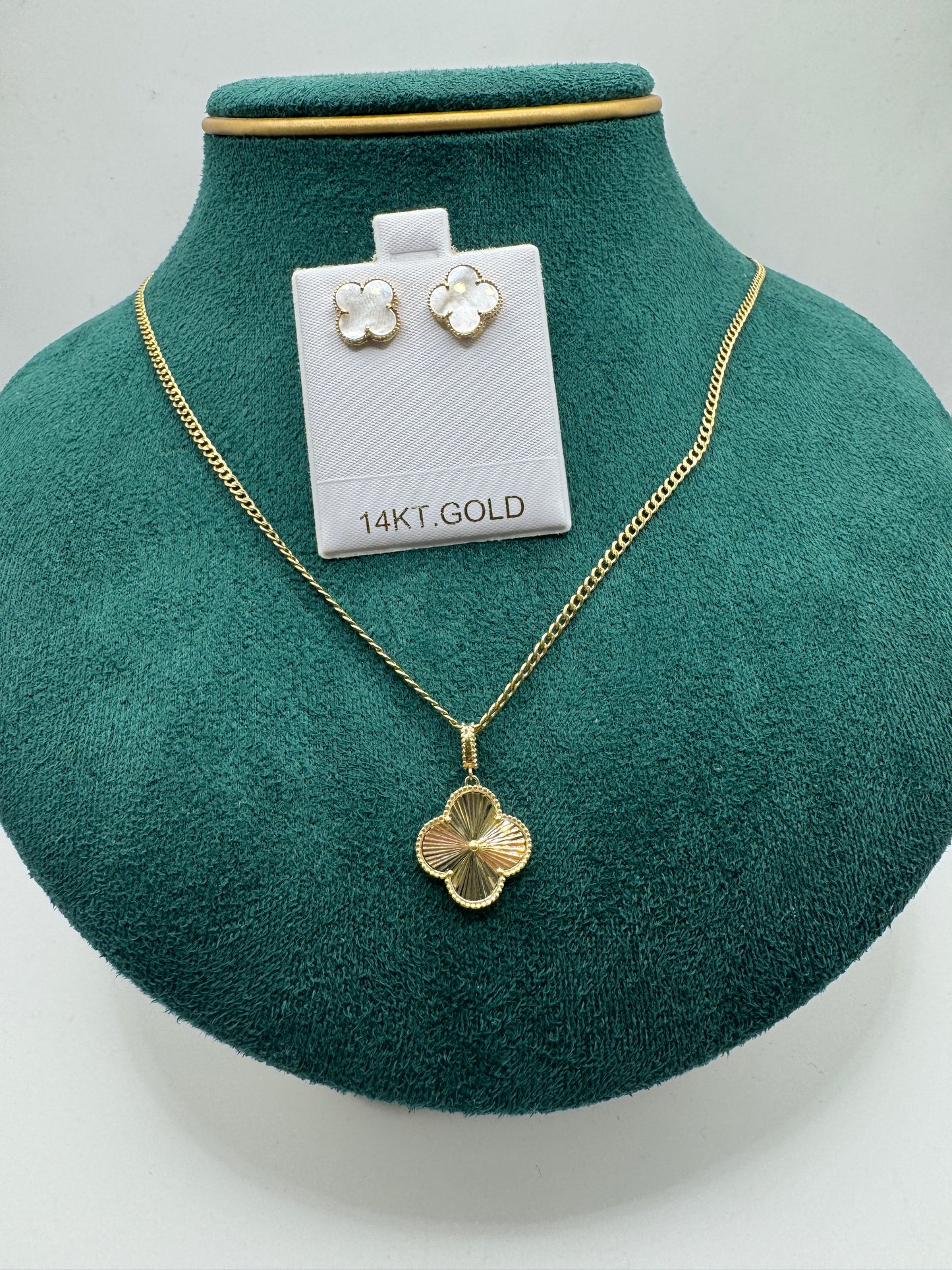 14K Gold Clover Bundle – 20” Curb Link Necklace for women with Clover Pendant & Clover Earrings