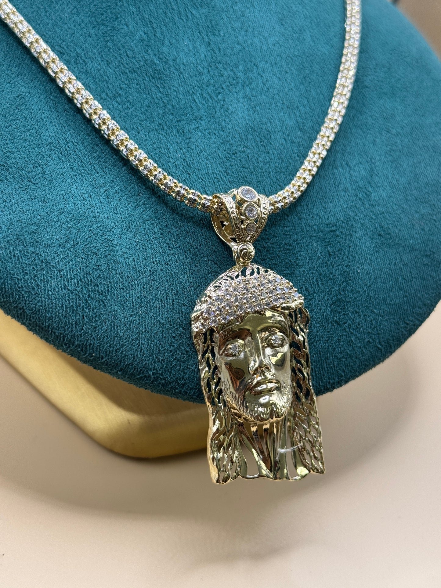 14K Gold Diamond Cut Ice Chain 24” with Jesus Face Pendant – Heavy 44g Real Gold Chain, Statement Jewelry