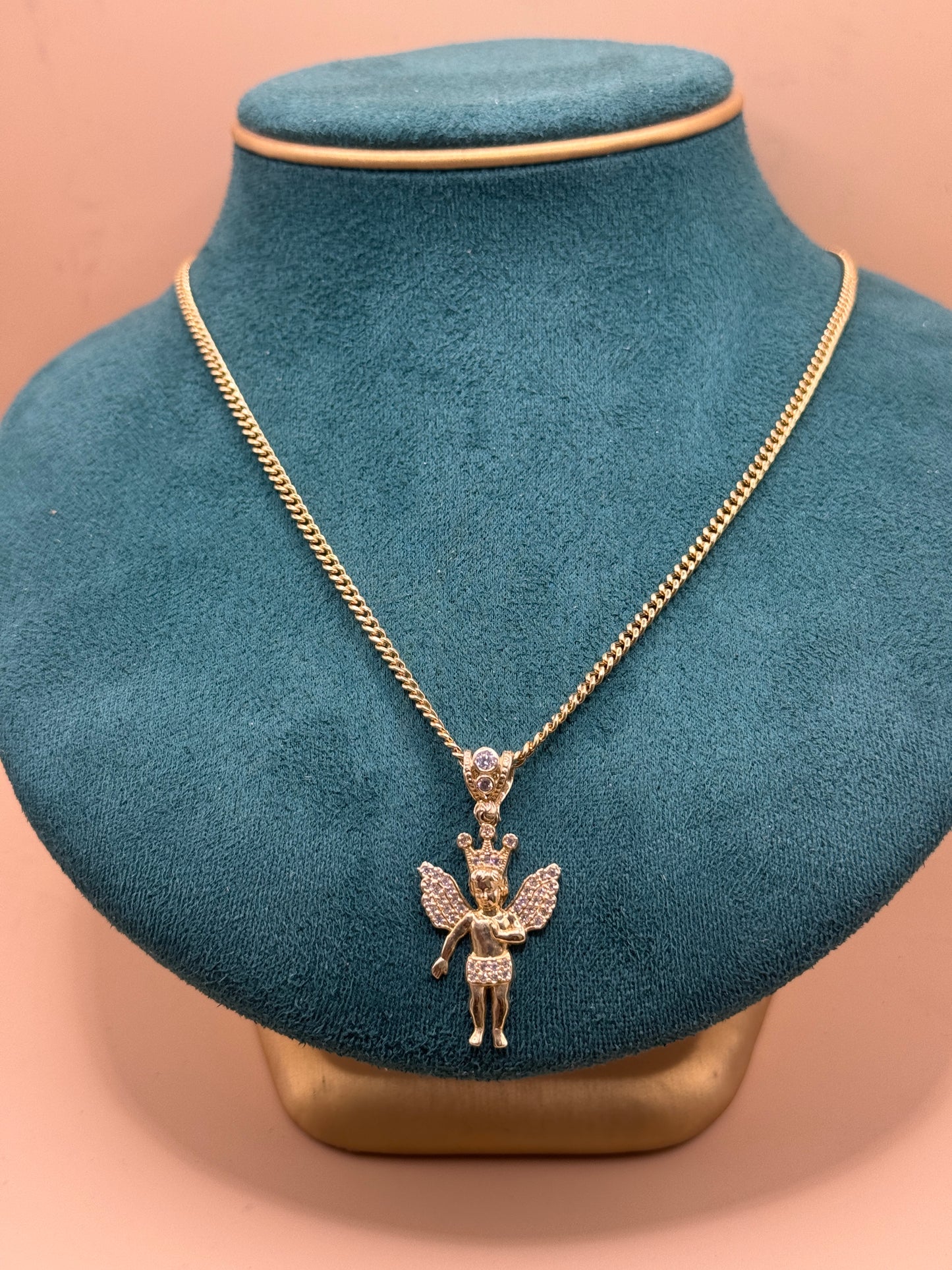 14K Gold Miami Cuban Chain 22 Inch with Angel Pendant, Solid Gold Cuban Link Necklace, Statement Gold Chain, Gift for Him Her
