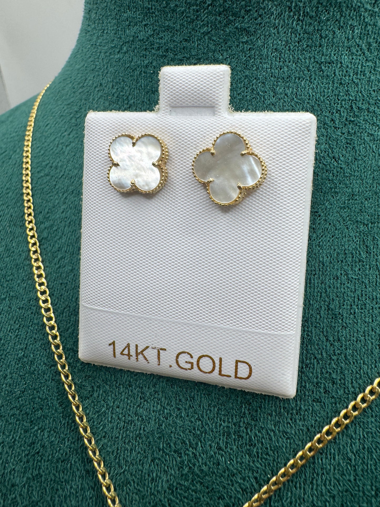 14K Gold Clover Bundle – 20” Curb Link Necklace for women with Clover Pendant & Clover Earrings