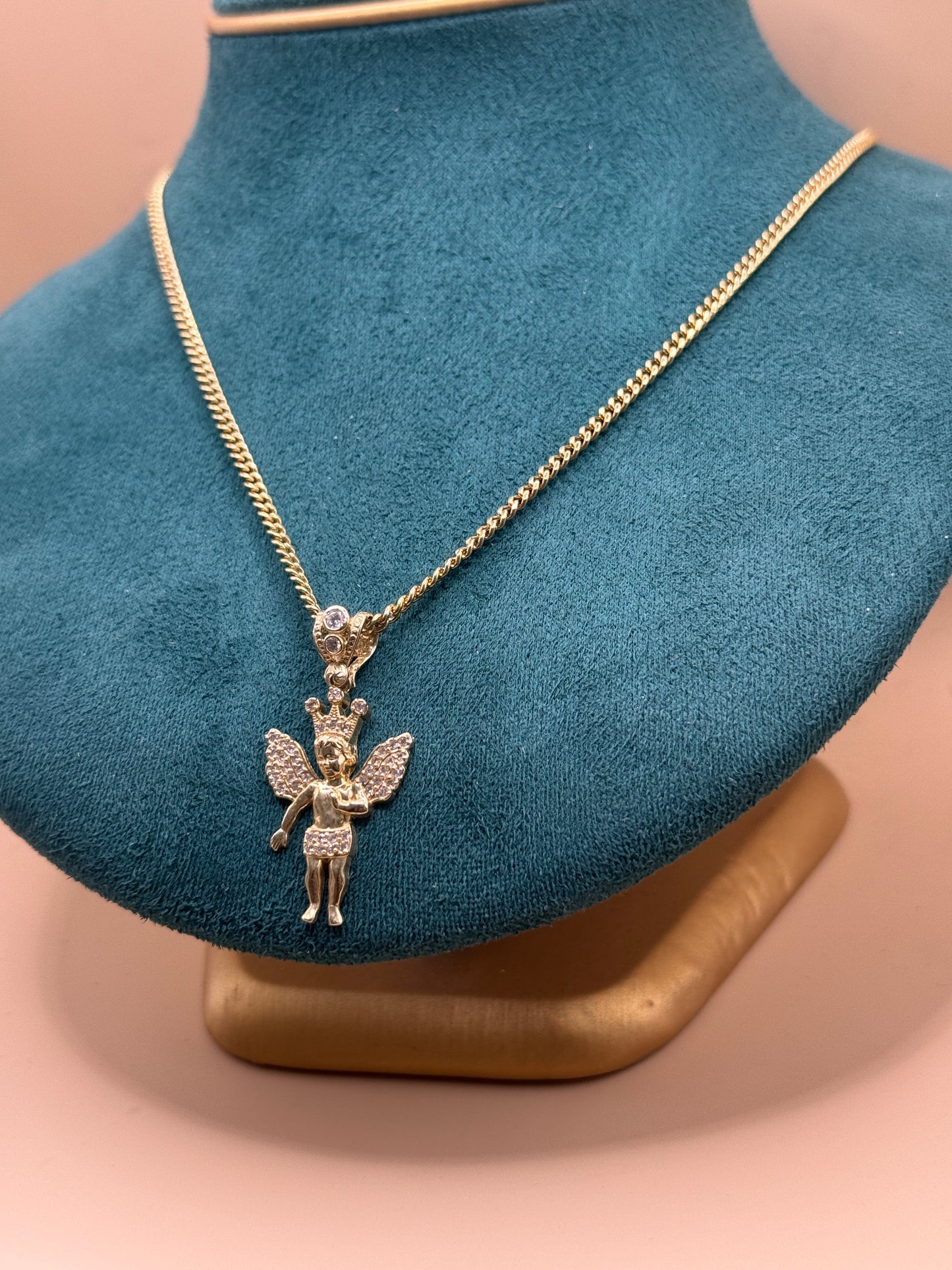 14K Gold Miami Cuban Chain 22 Inch with Angel Pendant, Solid Gold Cuban Link Necklace, Statement Gold Chain, Gift for Him Her