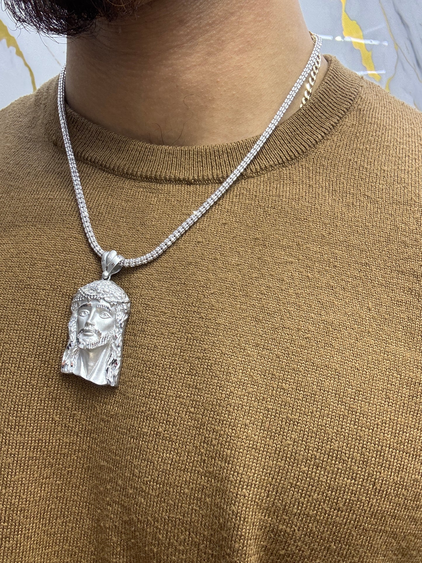 14K White Gold Moon Ice Chain – 20” with Jesus Face Pendant