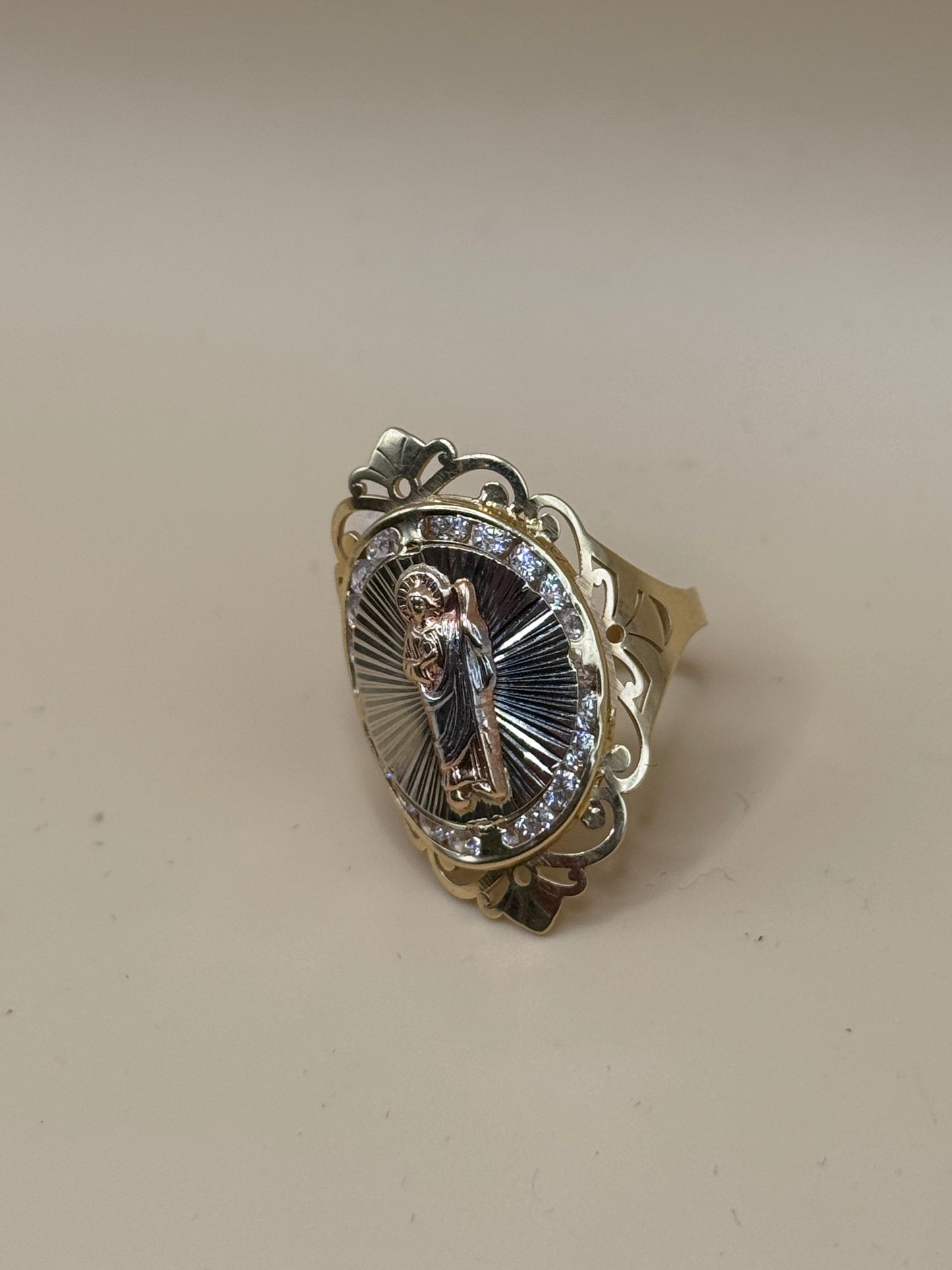 14K Tri Tone San Judas Ring with CZ Size 8.5 – Women’s Religious Ring, Real Gold Saint Jude Jewelry