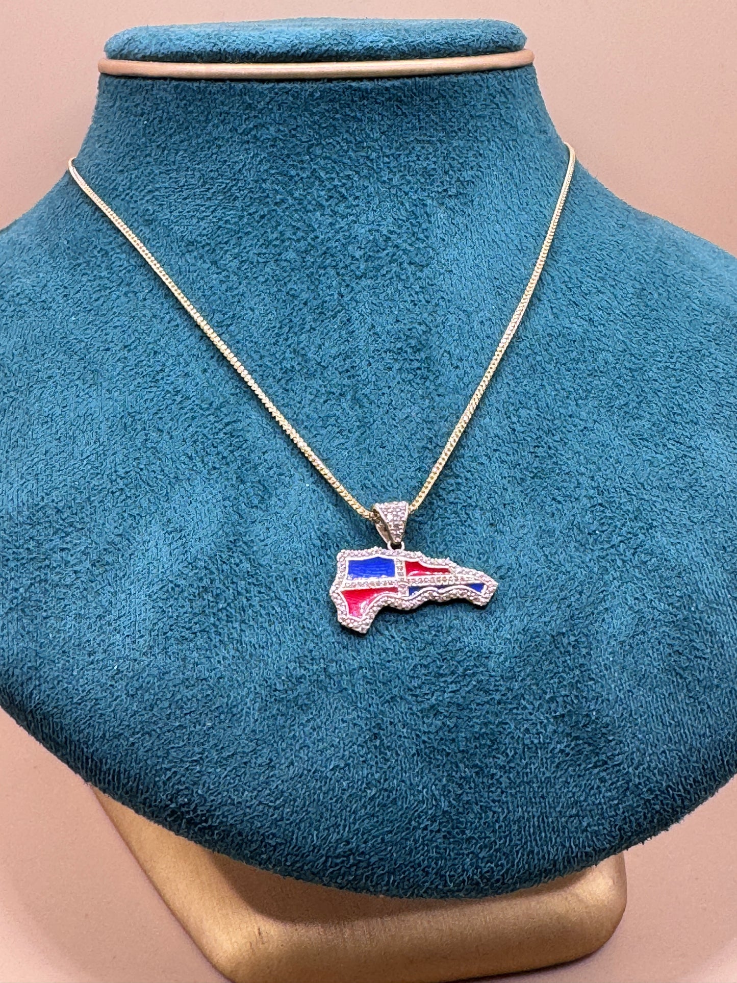 NEW 14K Gold CZ RD Map Pendant with Hollow Franco Chain – 16”