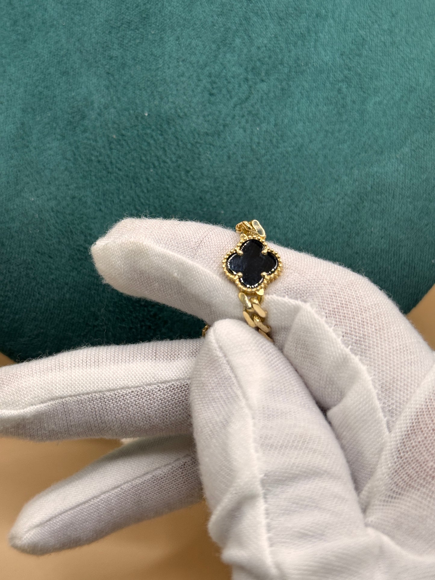14K Gold Flat Cuban Link Bracelet 7.5 Inch with Black Clover Charm, Solid Gold Clover Bracelet, Luxury Gold Jewelry Gift
