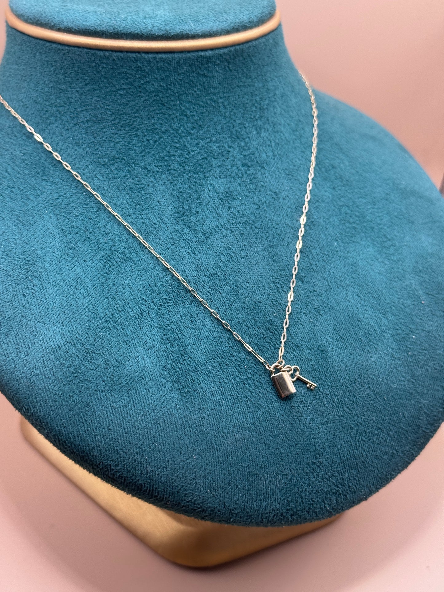 14K Gold Paperclip Charm Necklace – 16” Adjustable with Lock Pendant (Women)