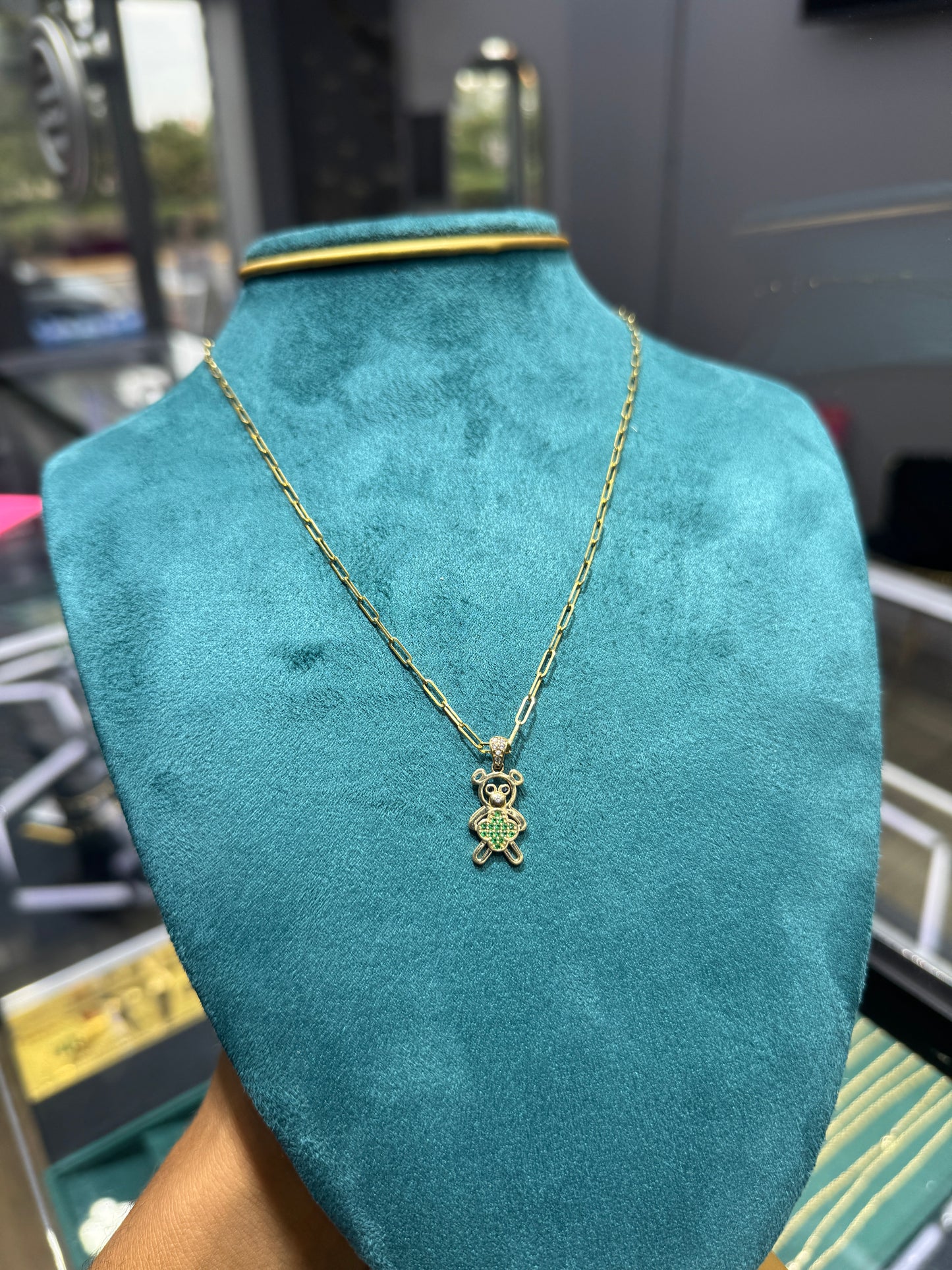 14k Gold Paperclip Necklace for Women with Teddy Bear Pendant