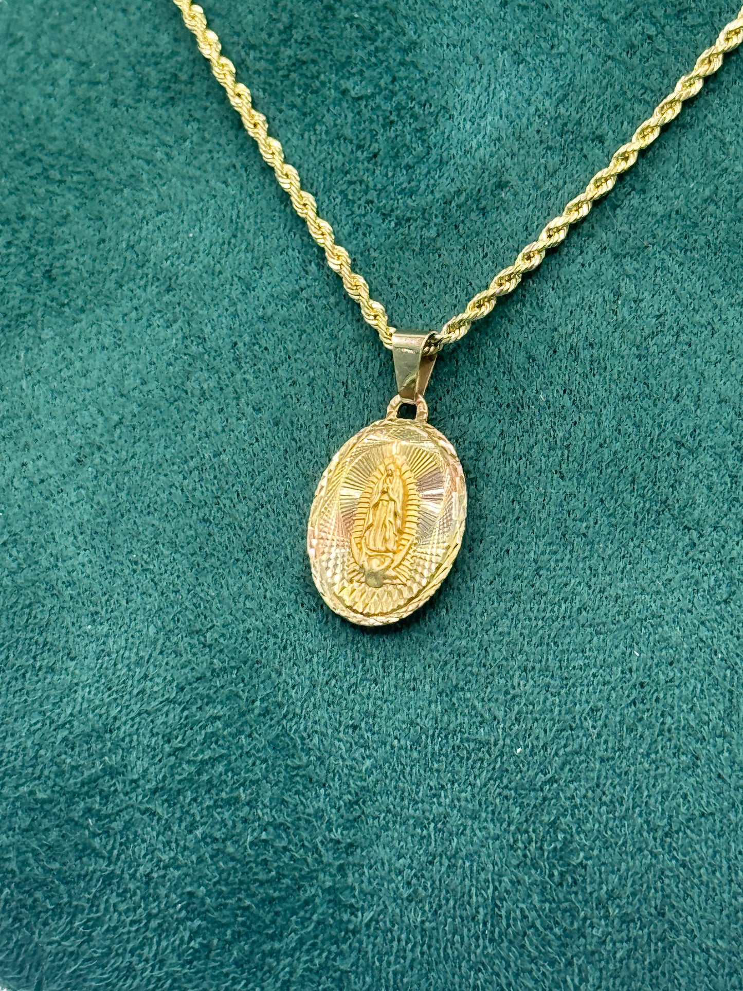 14K Gold Rope Chain – 16” with Virgin Mary Pendant