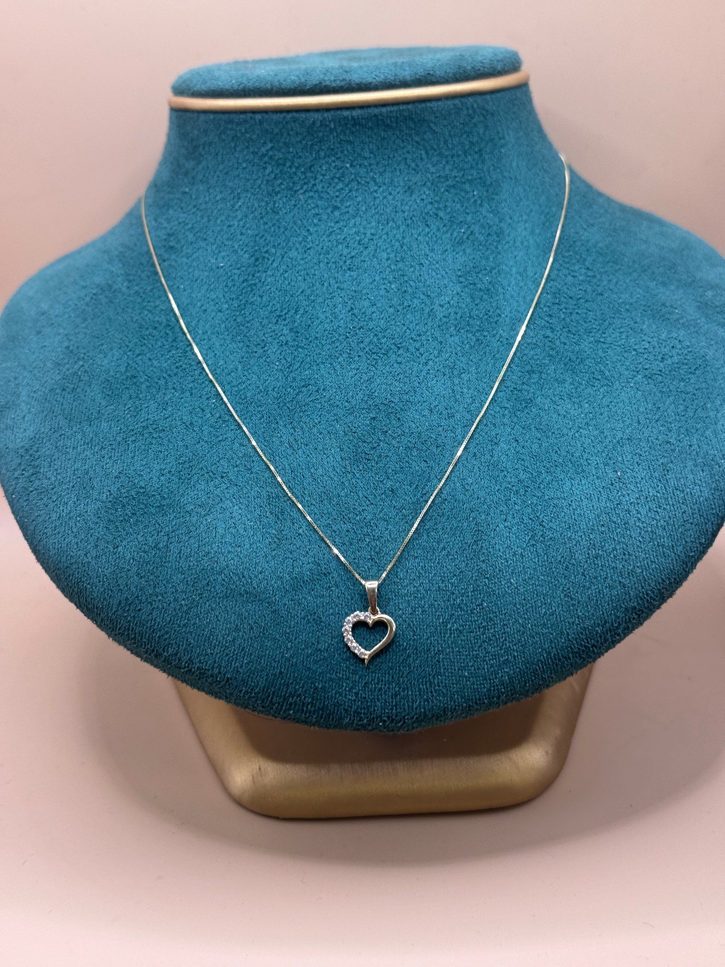 14K Solid Gold Box Chain Necklace 18 Inch with heart CZ Pendant, Dainty Gold Necklace, Minimalist Everyday Jewelry, Gift for Her