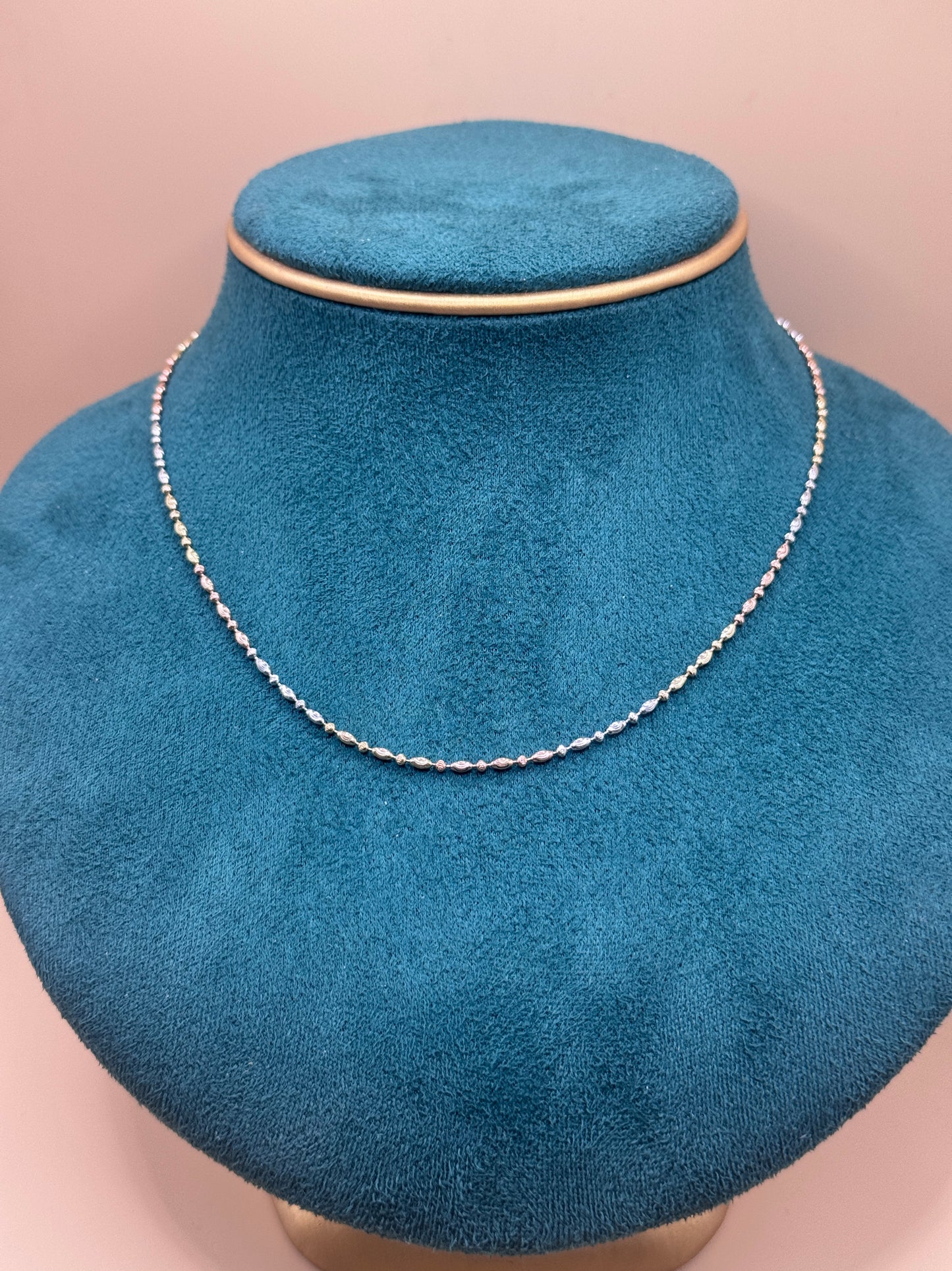 14K Tri Tone Gold Beaded Necklace 16” – White Yellow Rose Gold Necklace for Women, Dainty Choker Jewelry