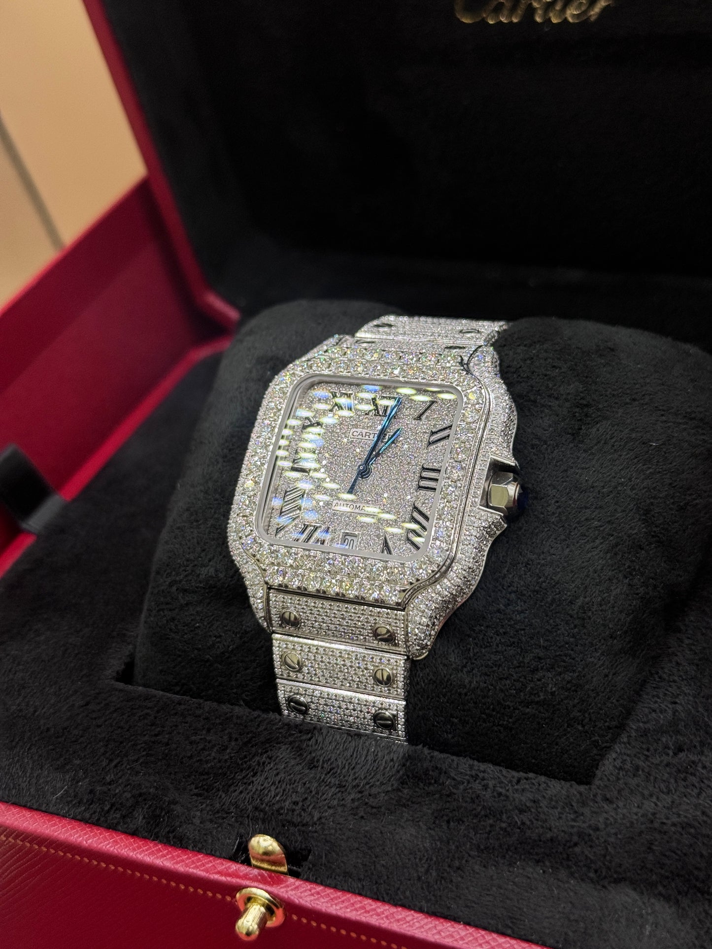 Cartier Santos Bust Down Watch with Diamond Bezel – Iced Out Luxury Watch, Men’s Statement Timepiece