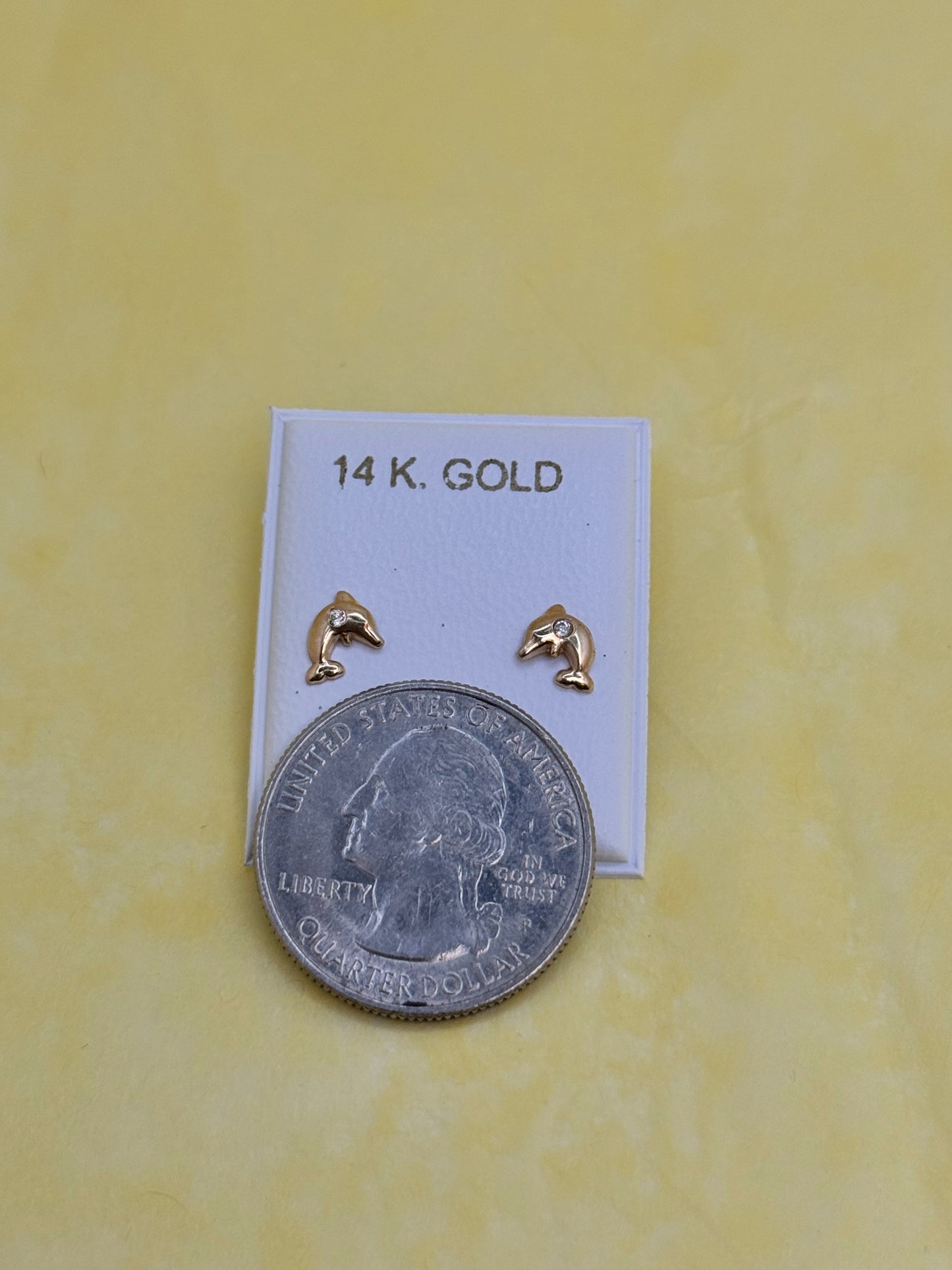 14k Gold Dolphin Stud earring with Cubic zirconia stone
