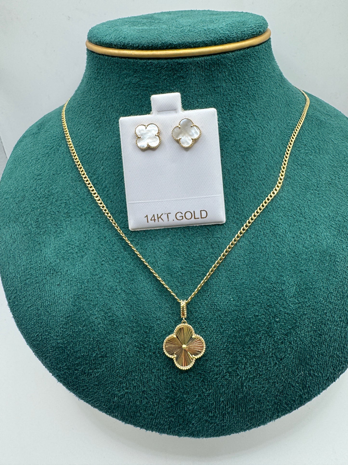 14K Gold Clover Bundle – 20” Curb Link Necklace for women with Clover Pendant & Clover Earrings