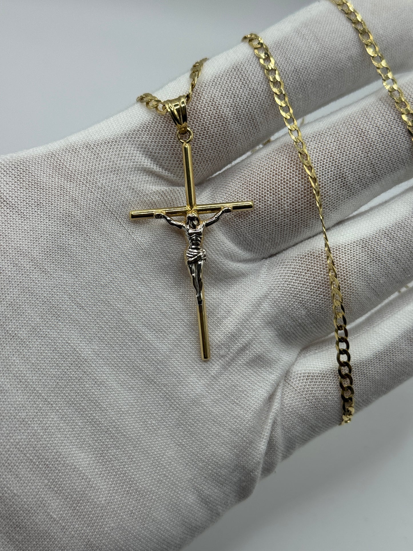 14K Gold Curb Link Necklace with Jesus Crucifix Pendant – 22” (3.3mm) for men