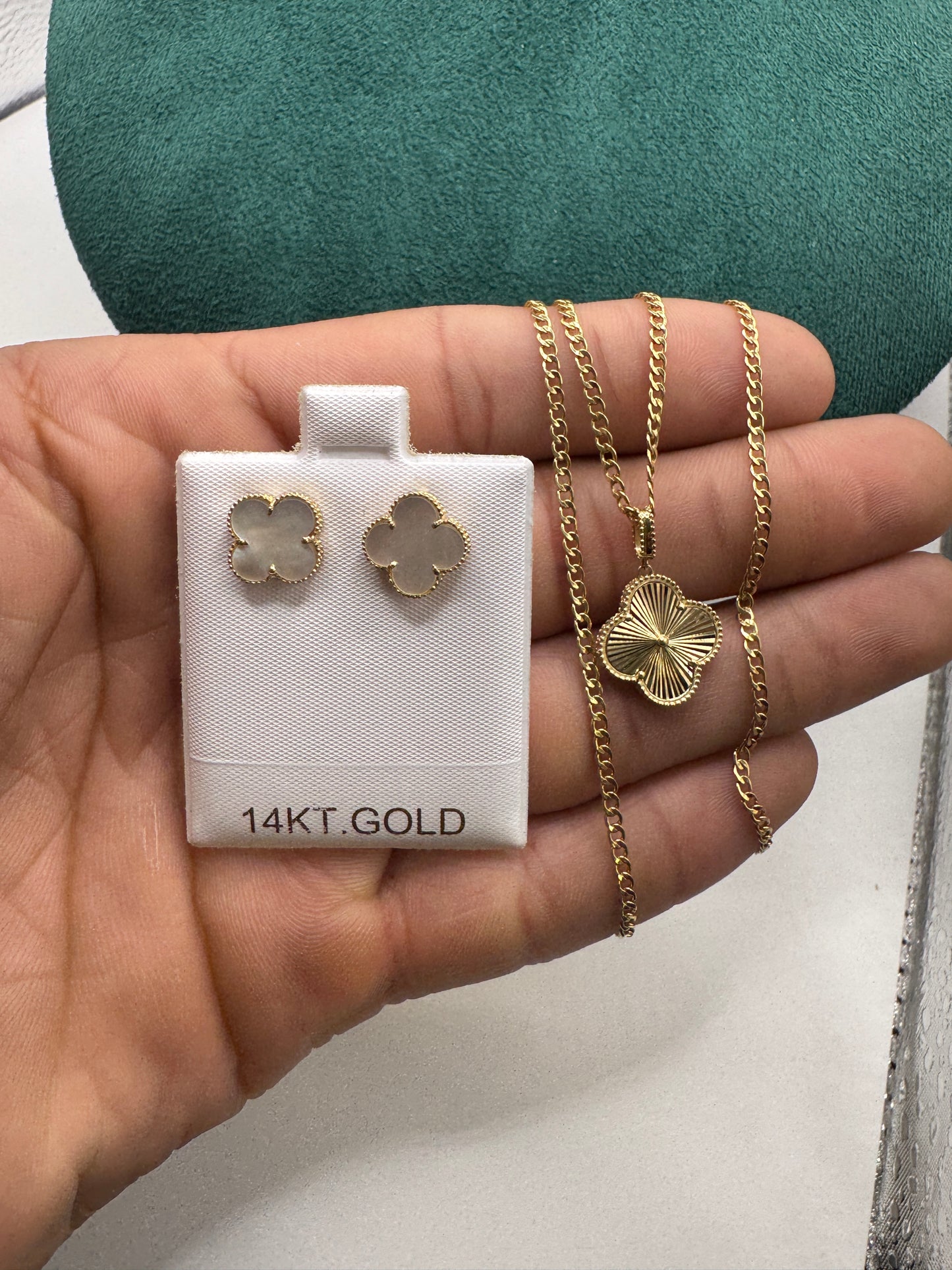 14K Gold Clover Bundle – 20” Curb Link Necklace for women with Clover Pendant & Clover Earrings