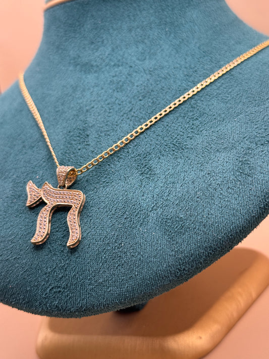 14K Gold Curved Link Necklace 20 Inch with Chai CZ Pendant, Jewish Gold Necklace, CZ Chai Pendant, Spiritual Jewelry Gift