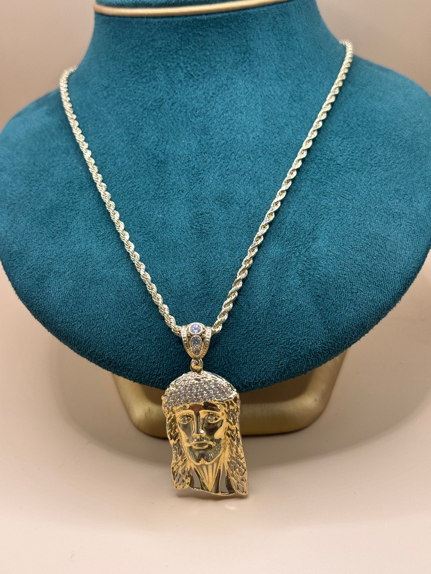 14K Gold Rope Chain 22” with Jesus Face Pendant – Real Gold Necklace 13–16g, Religious Jewelry for Men & Women