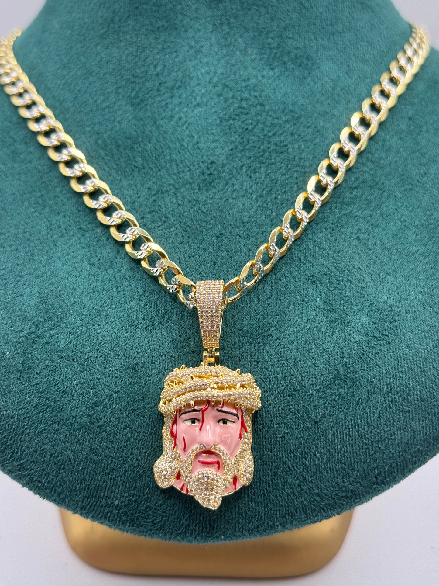 925 silver gold plated curb link chain 24” with Jesus pendant