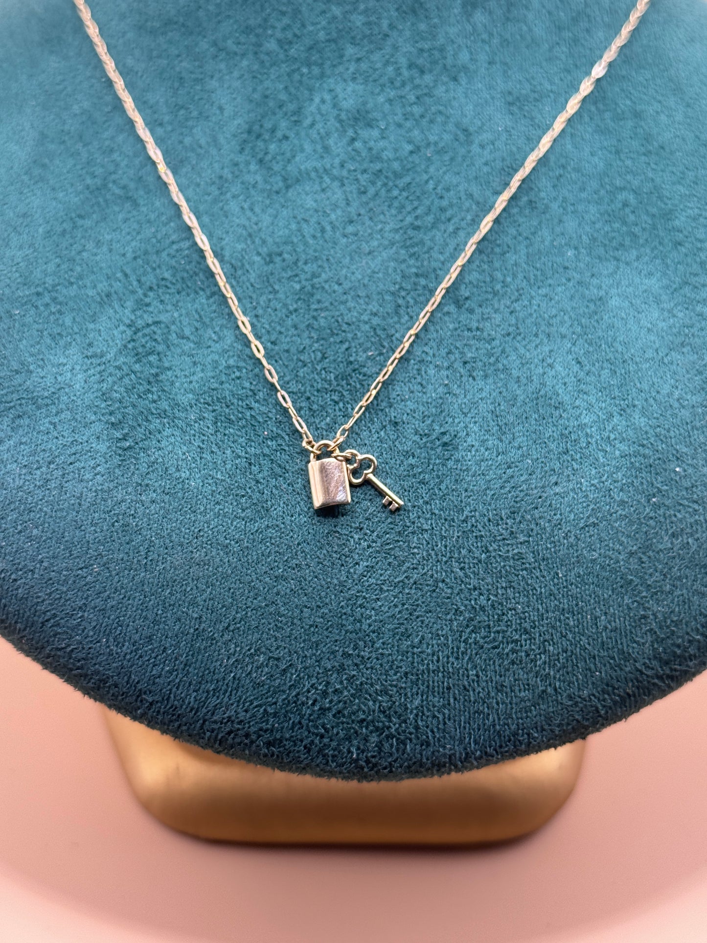 14K Gold Paperclip Charm Necklace – 16” Adjustable with Lock Pendant (Women)