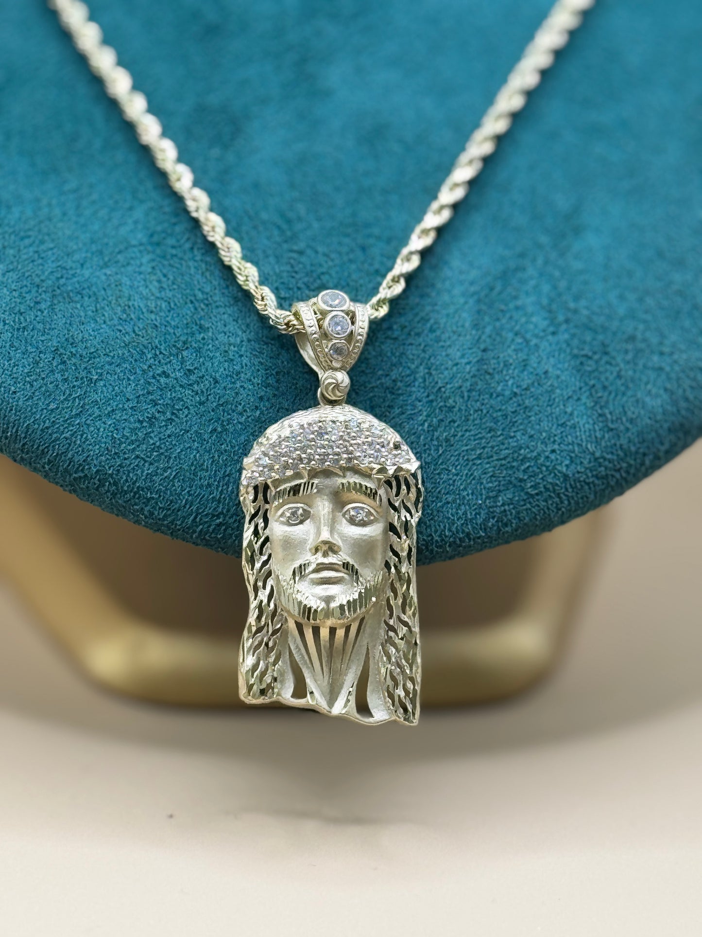 14K Gold Rope Chain 22” with Jesus Face Pendant – Real Gold Necklace 13–16g, Religious Jewelry for Men & Women matte gold