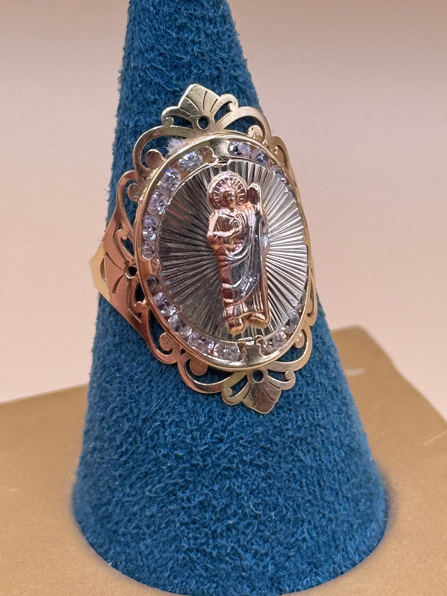 14K Tri Tone San Judas Ring with CZ Size 8.5 – Women’s Religious Ring, Real Gold Saint Jude Jewelry