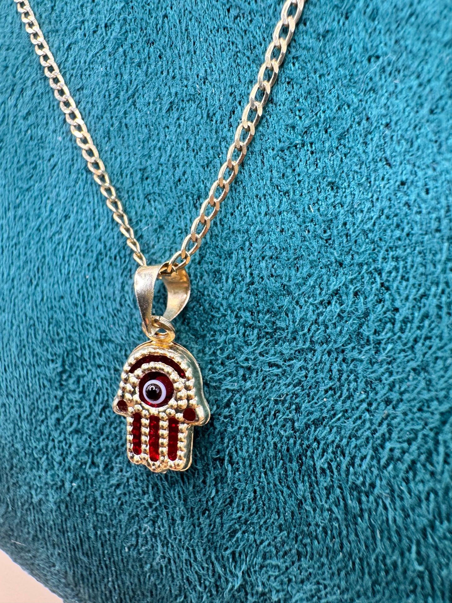 14K Gold Curb Link Necklace – 18” with Red Evil Eye Hamsa Pendant for women