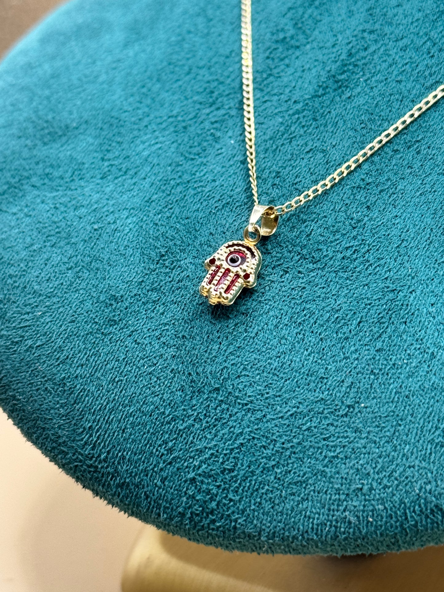 14K Gold Curb Link Necklace – 18” with Red Evil Eye Hamsa Pendant for women