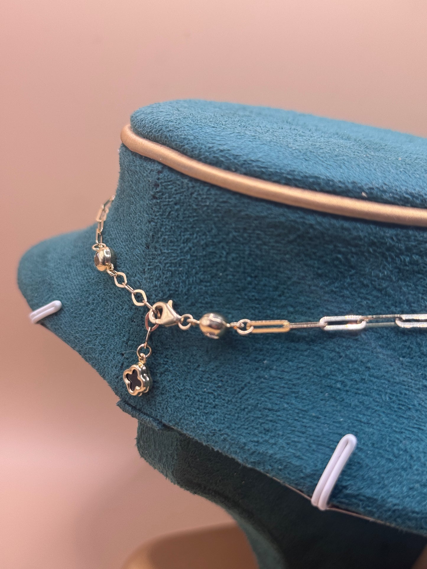 14K Gold Paperclip Charm Necklace 16” – Puff Heart Pendant with Clover Charms, Dainty Gold Necklace for Women