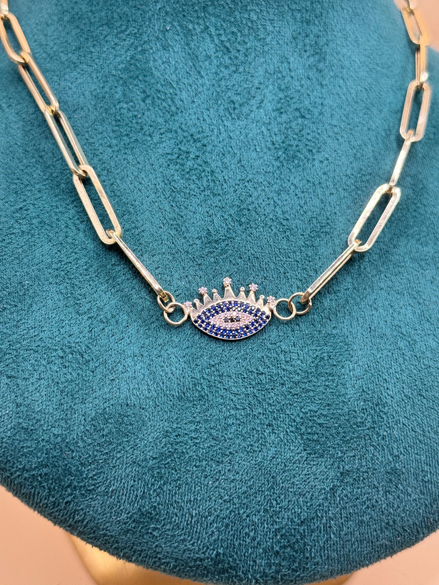 14K Gold Paperclip Chain – 18” with Blue Evil Eye Pendant