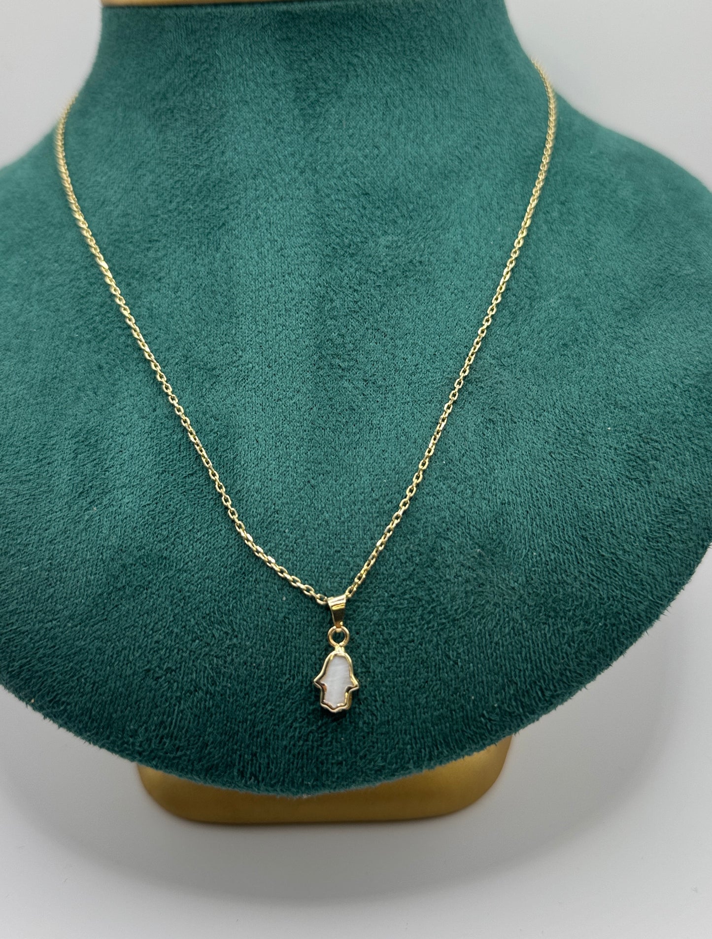 Mother of Pearl 14K Gold Necklace with Mini Pearl Hamsa Pendant – Women’s Elegant Protection