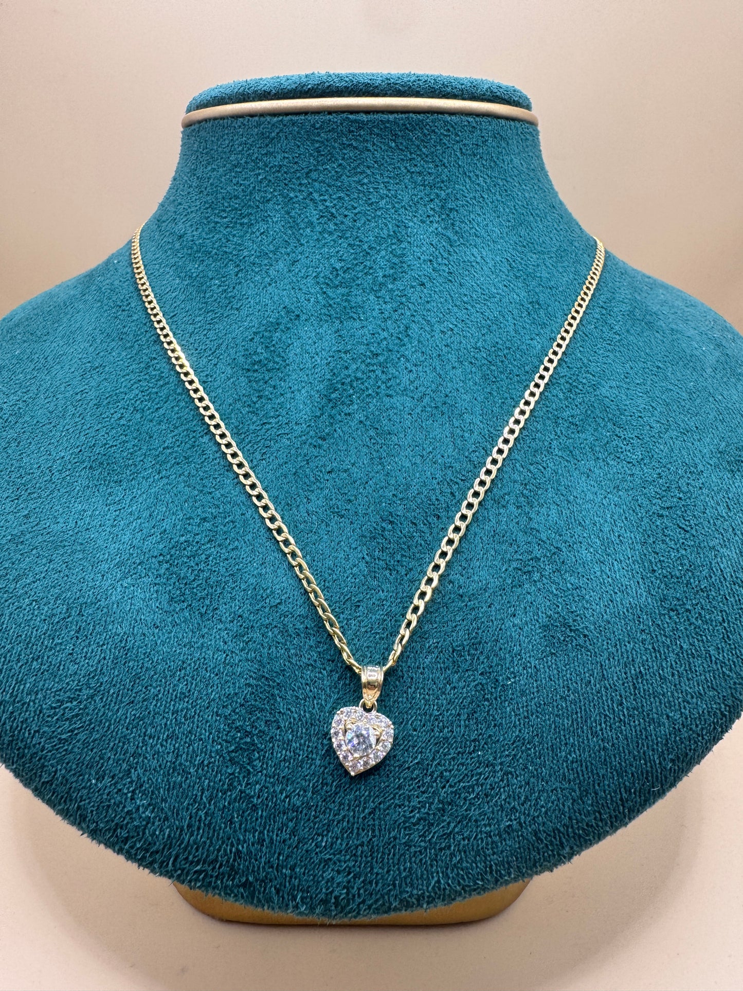 14K Gold Curb Link Chain – 20” with CZ Heart Pendant for her