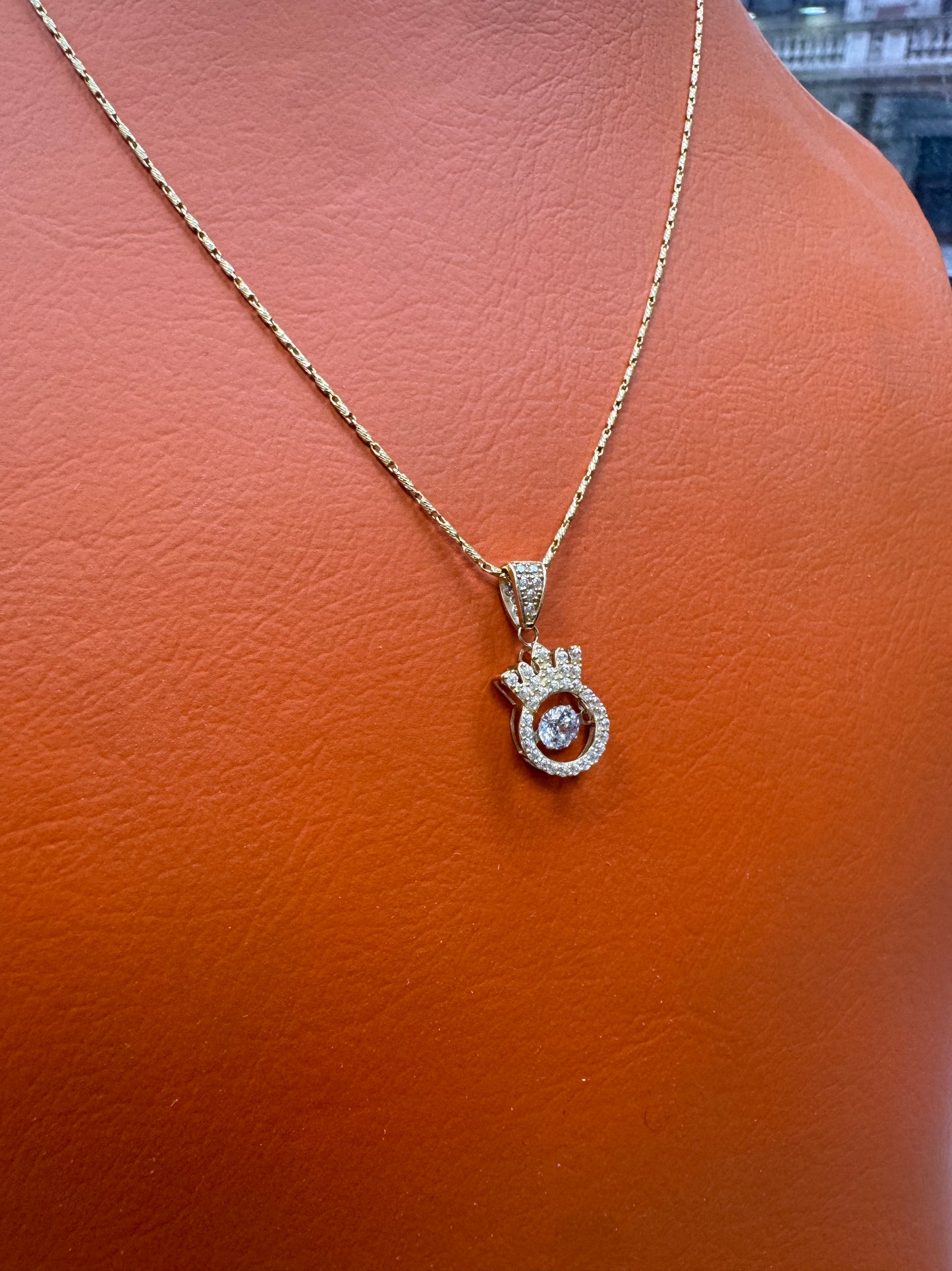 14K Gold Diamond Cut Necklace 20 Inch with Crown CZ Pendant, Royal Crown Necklace, CZ Gold Pendant, Statement Jewelry Gift