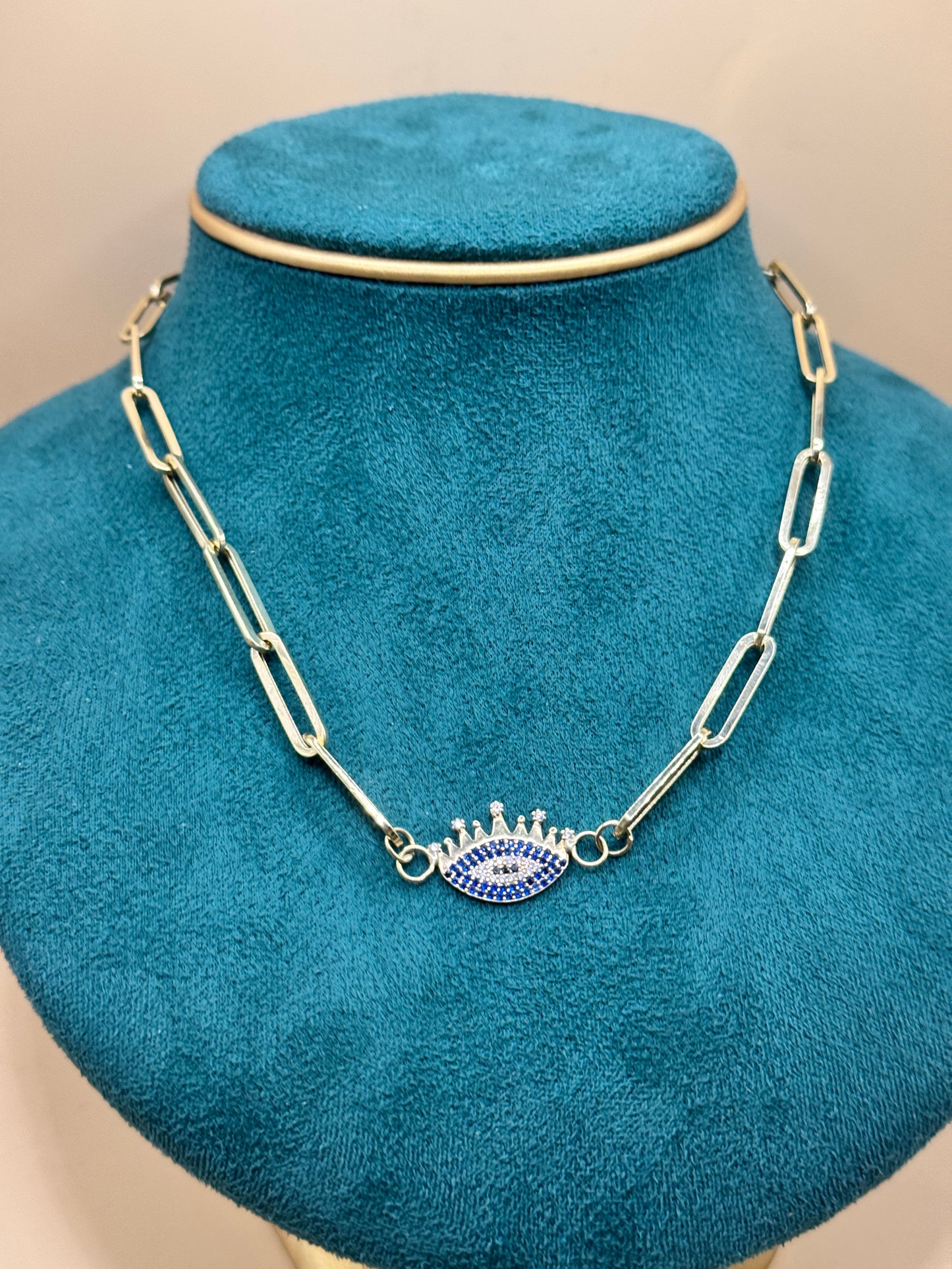 14K Gold Paperclip Chain – 18” with Blue Evil Eye Pendant