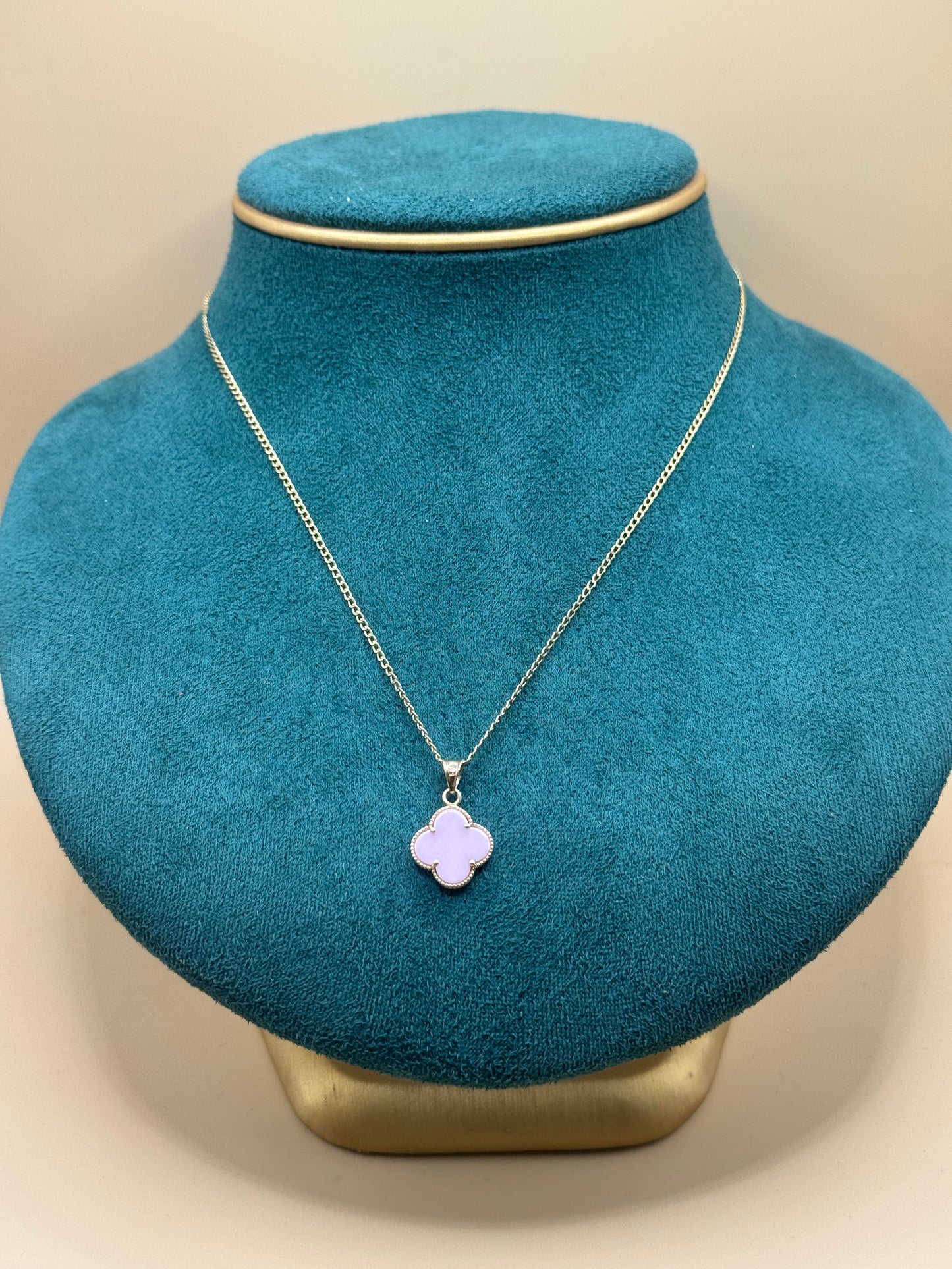 14K Gold Curb Link Necklace for women with pink Clover Pendant – 16”