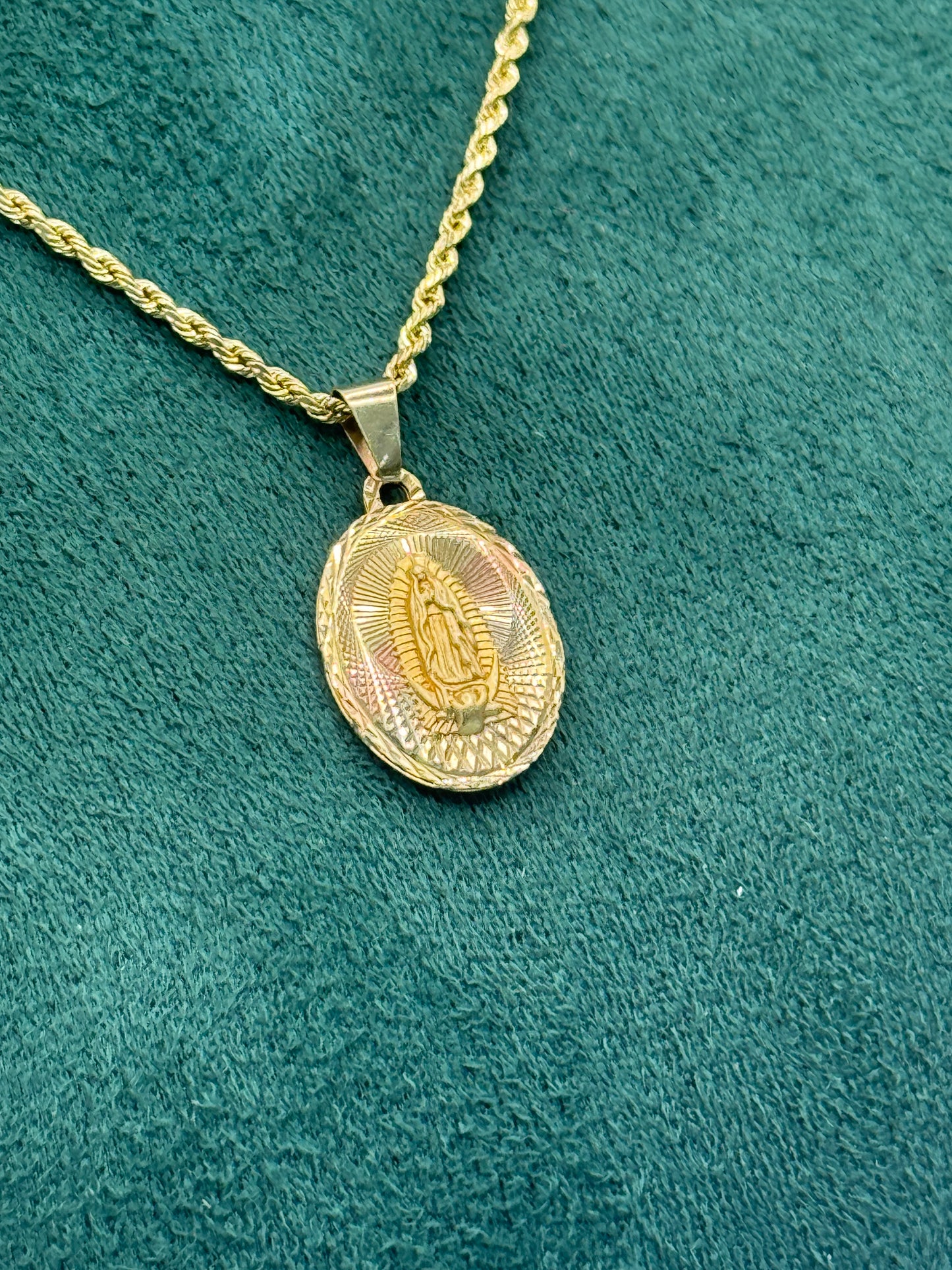 14K Gold Rope Chain – 16” with Virgin Mary Pendant