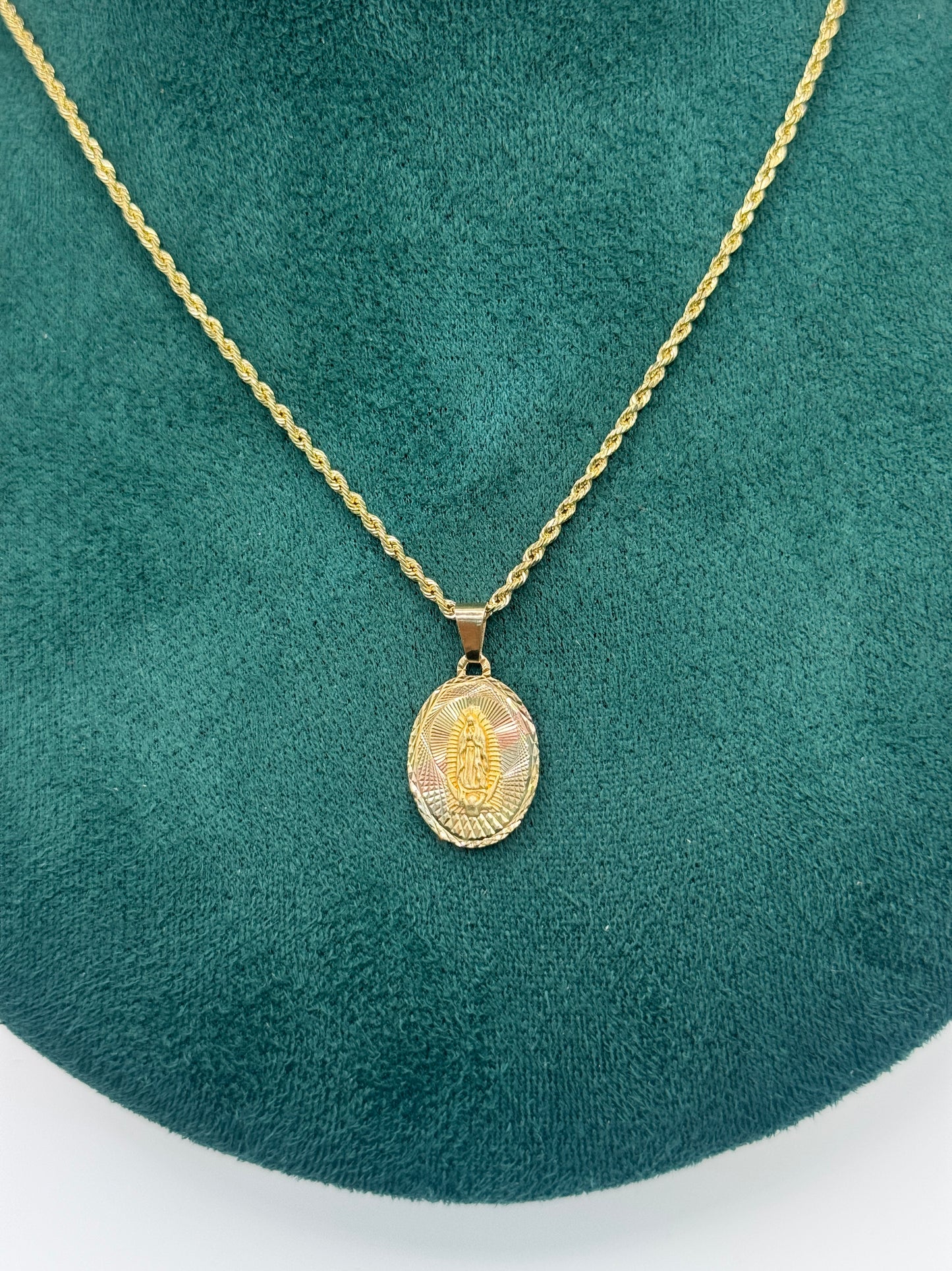 14K Gold Rope Chain – 16” with Virgin Mary Pendant