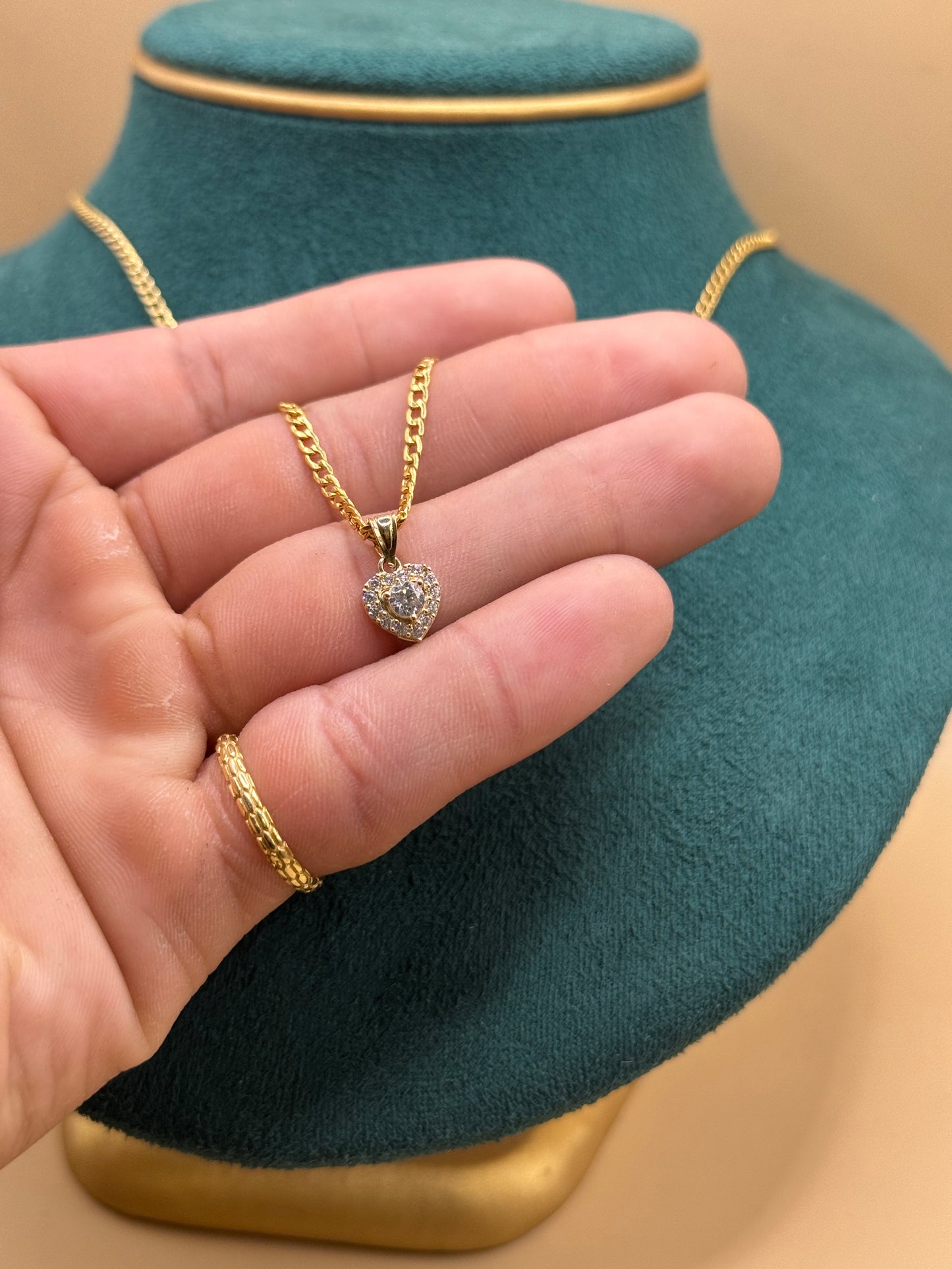 14K Gold Curb Link Chain – 20” with CZ Heart Pendant for her