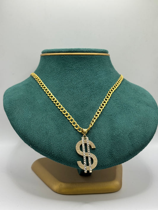 14K Gold Curb Link Necklace with Dollar Sign Pendant – 22” (5mm)