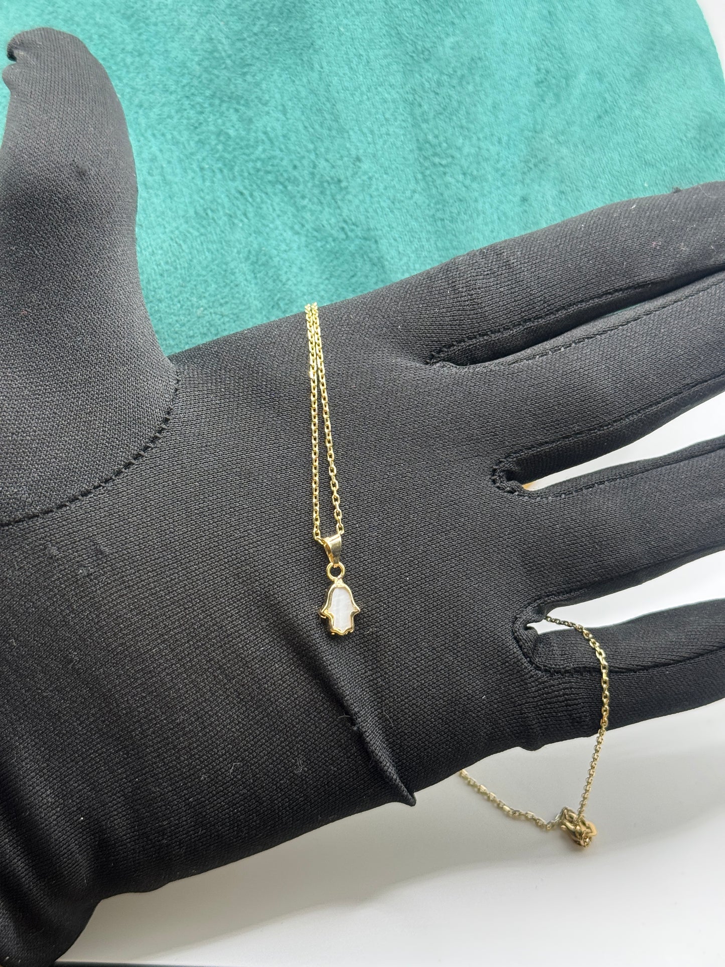 Mother of Pearl 14K Gold Necklace with Mini Pearl Hamsa Pendant – Women’s Elegant Protection