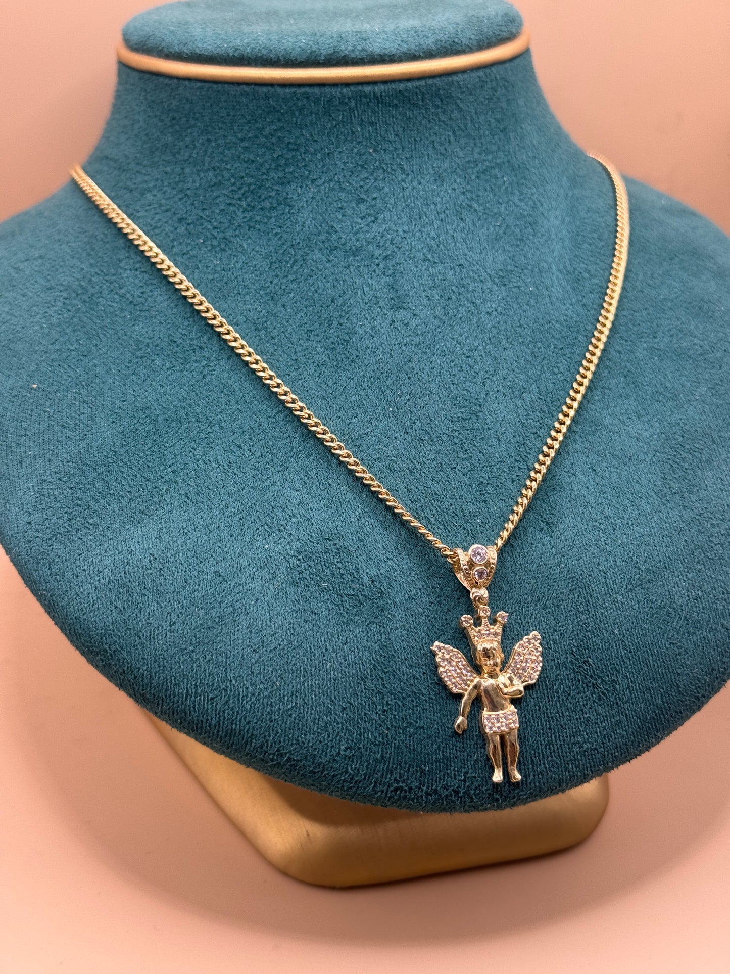 14K Gold Miami Cuban Chain 22 Inch with Angel Pendant, Solid Gold Cuban Link Necklace, Statement Gold Chain, Gift for Him Her