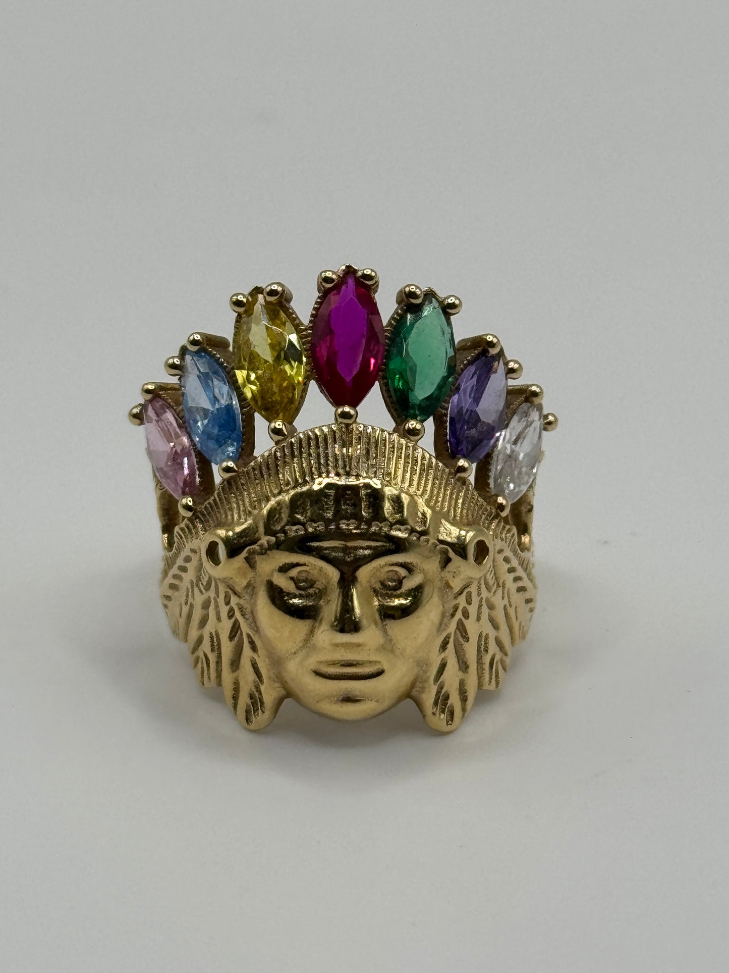 14K Gold Indian Ring with Multi-Stone Head for men size 10”