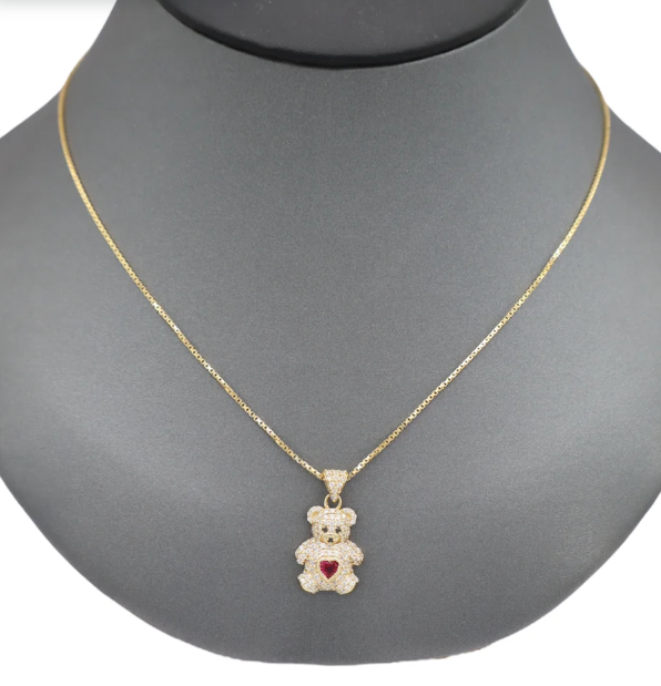 14K Gold Box Chain with Teddy Bear &amp; Red Heart Pendant – 18”
