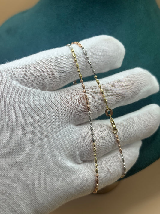 14K Tri Tone Gold Beaded Necklace 16” – White Yellow Rose Gold Necklace for Women, Dainty Choker Jewelry