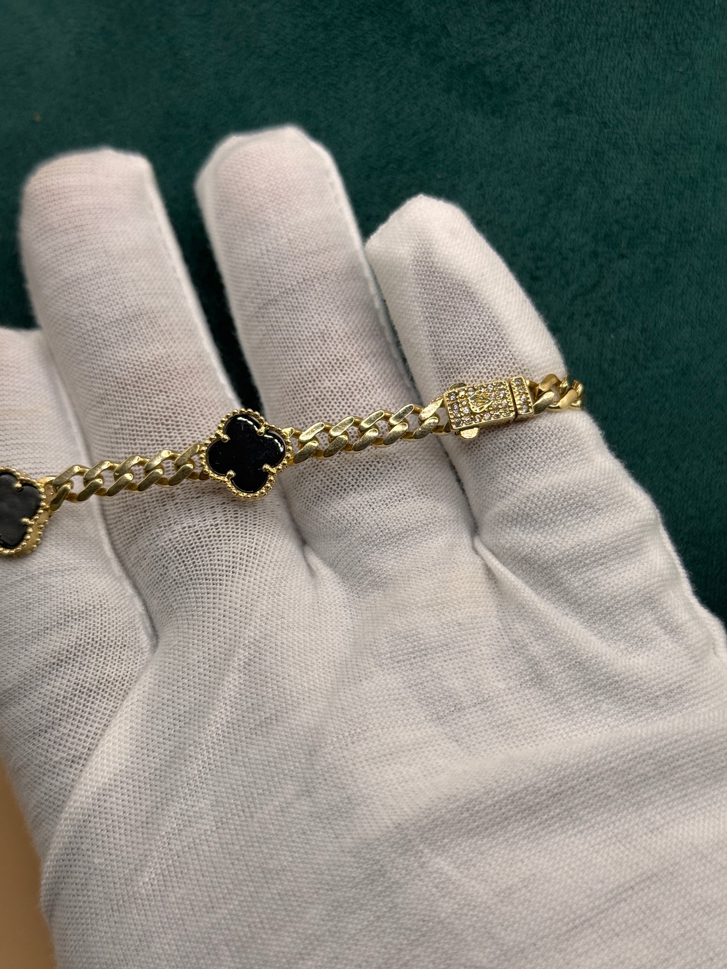 14K Gold Flat Cuban Link Bracelet 7.5 Inch with Black Clover Charm, Solid Gold Clover Bracelet, Luxury Gold Jewelry Gift