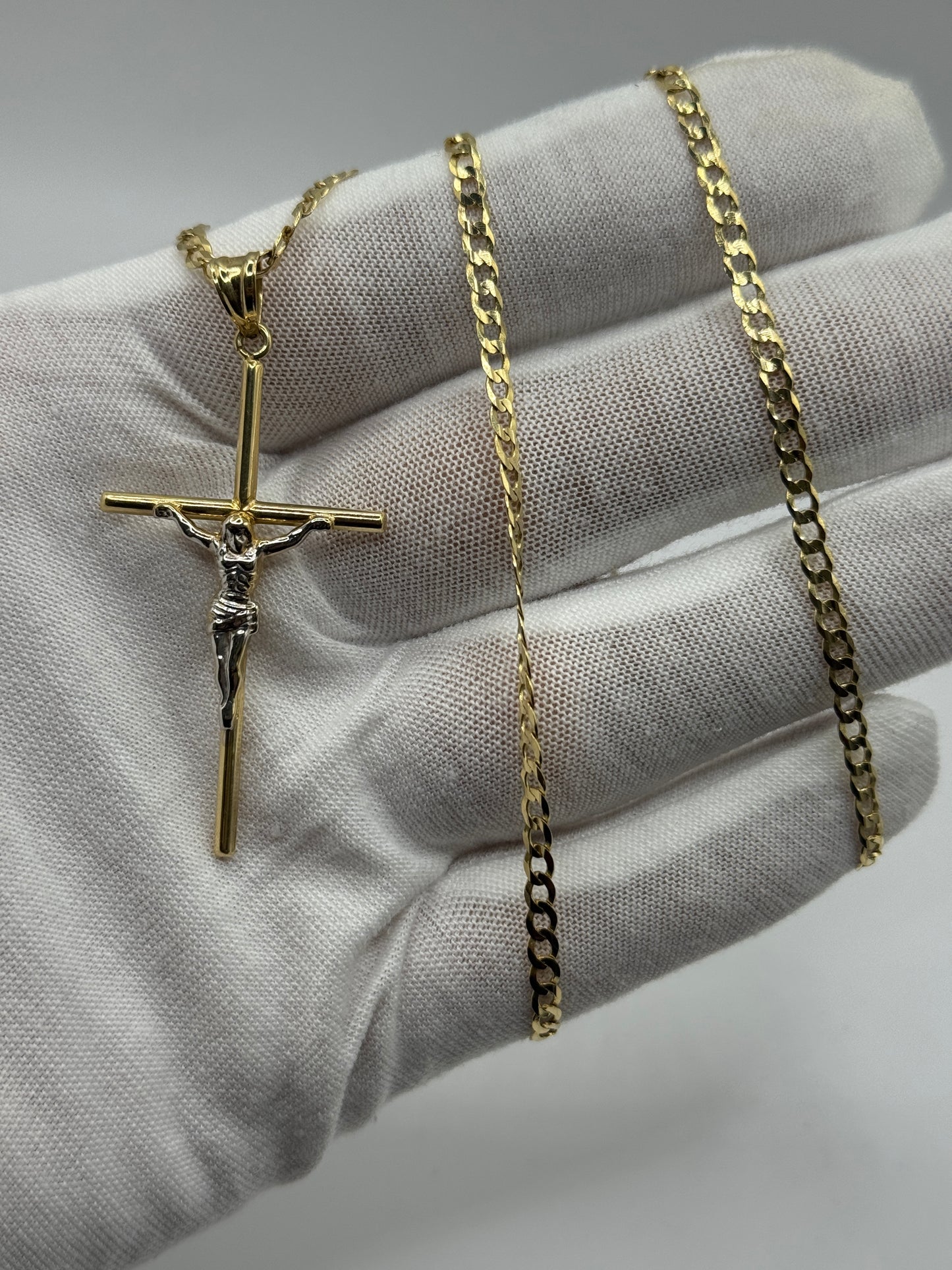 14K Gold Curb Link Necklace with Jesus Crucifix Pendant – 22” (3.3mm) for men