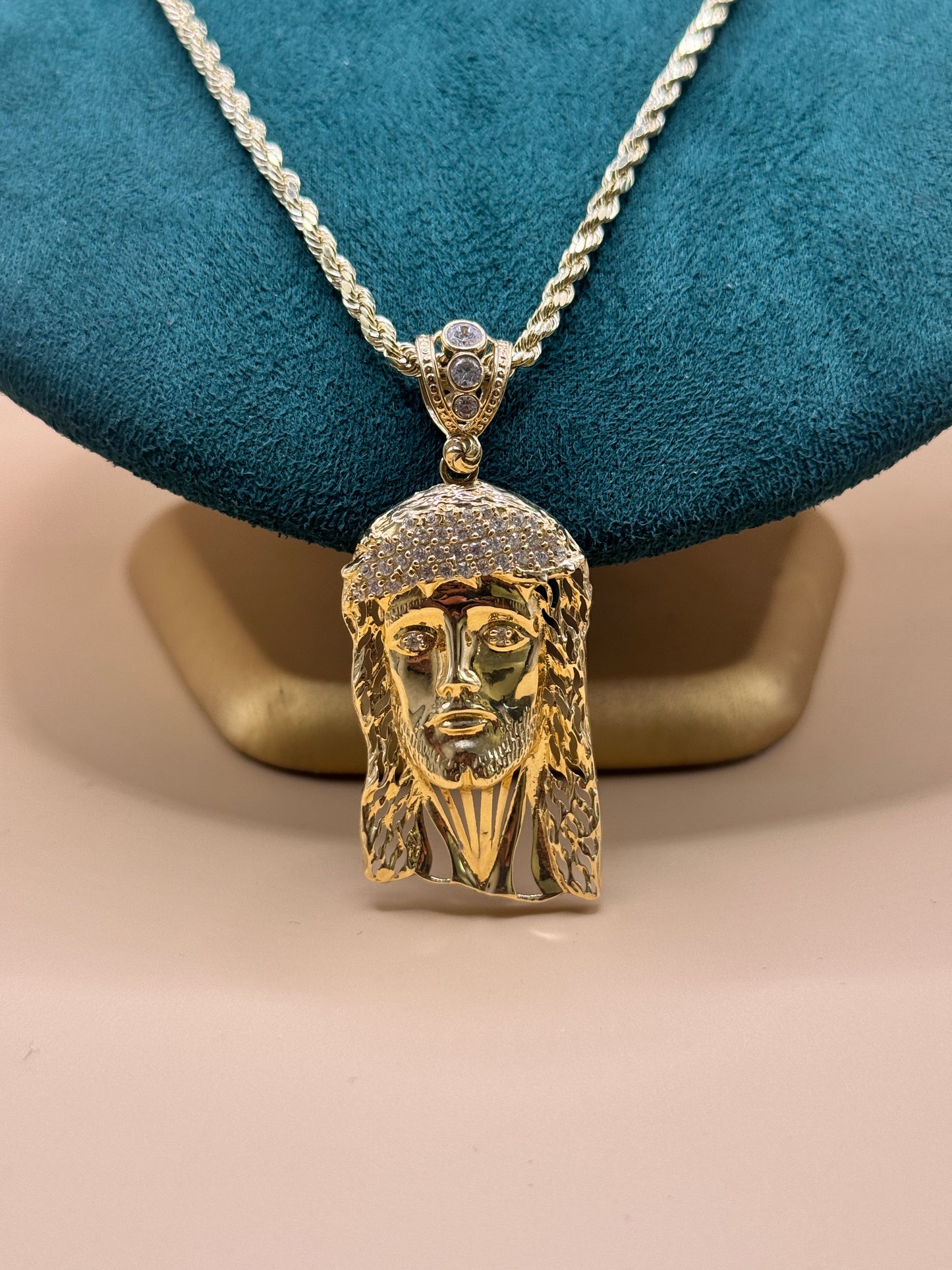 14K Gold Rope Chain 22” with Jesus Face Pendant – Real Gold Necklace 13–16g, Religious Jewelry for Men & Women